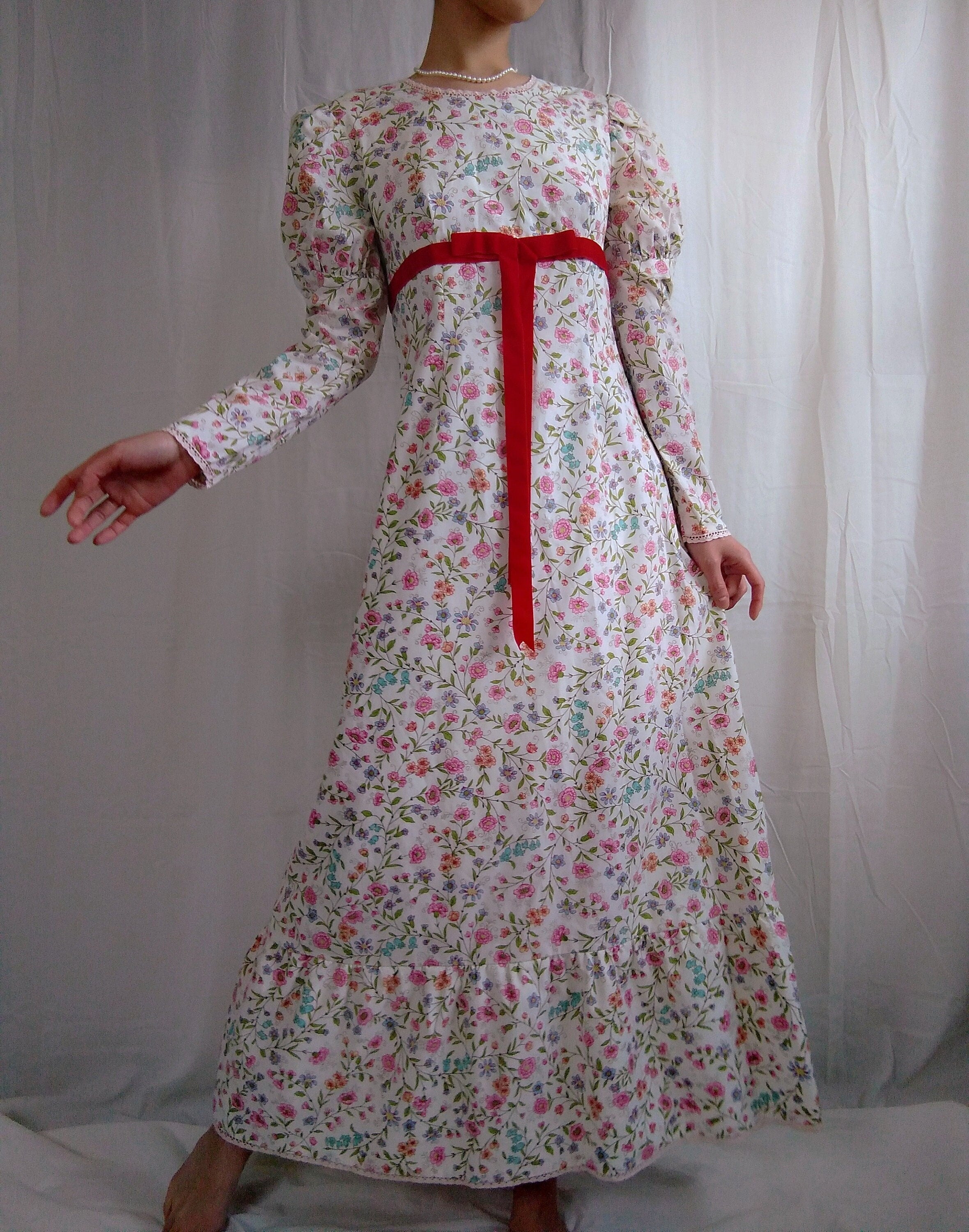 prairie dress vintage Betty Barclay Cotton Maxi With Madras Check Floral Patchwork Bib Front Puff Sleeves and Ruffle Hem 1970s 70s 1980s 80s medium Elasticity Vintage 1930s floral prairie dress