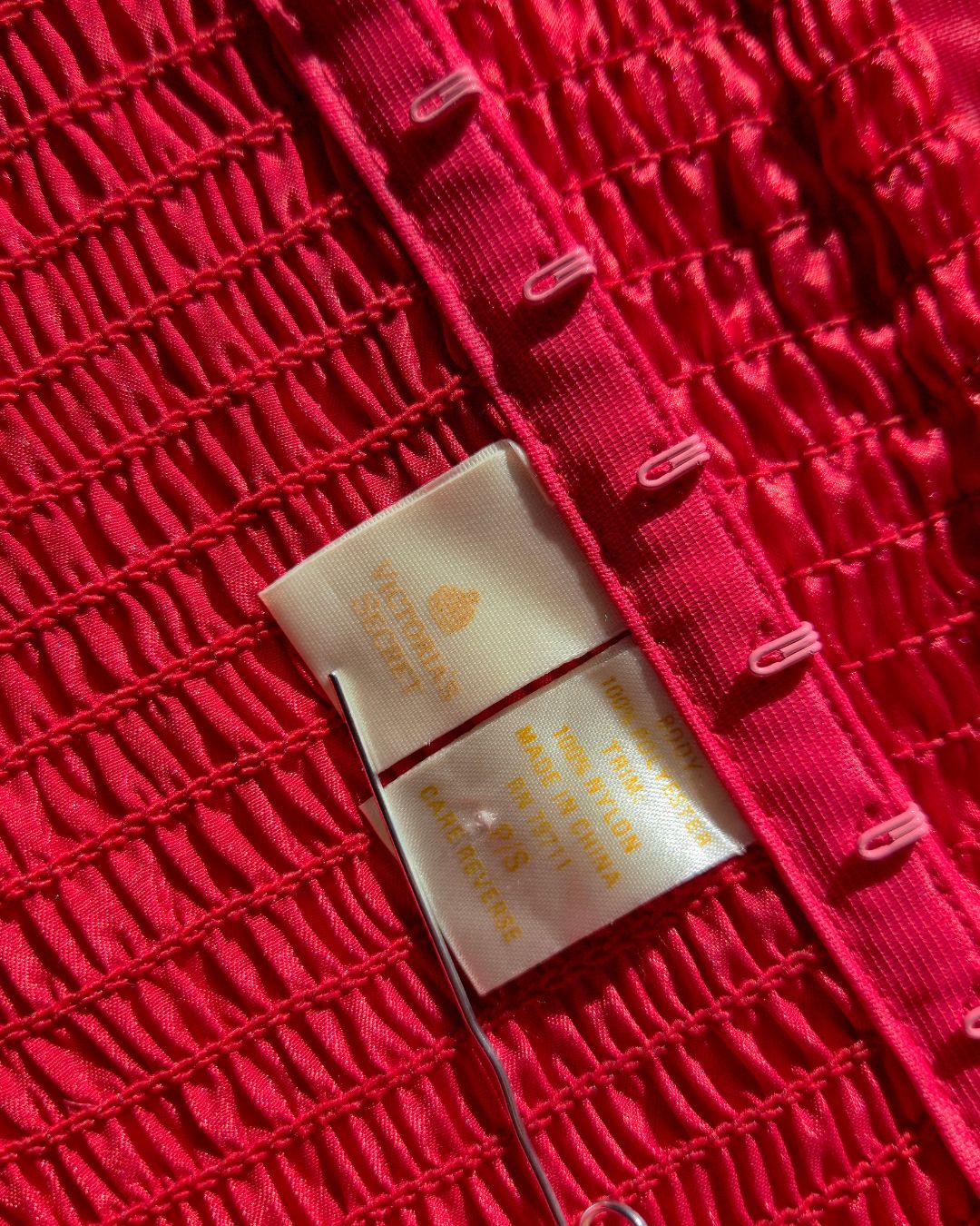 1970s Vintage Victoria’s Secret Gold Crown Scarlet Red Satin Bustier with Lace & Beads