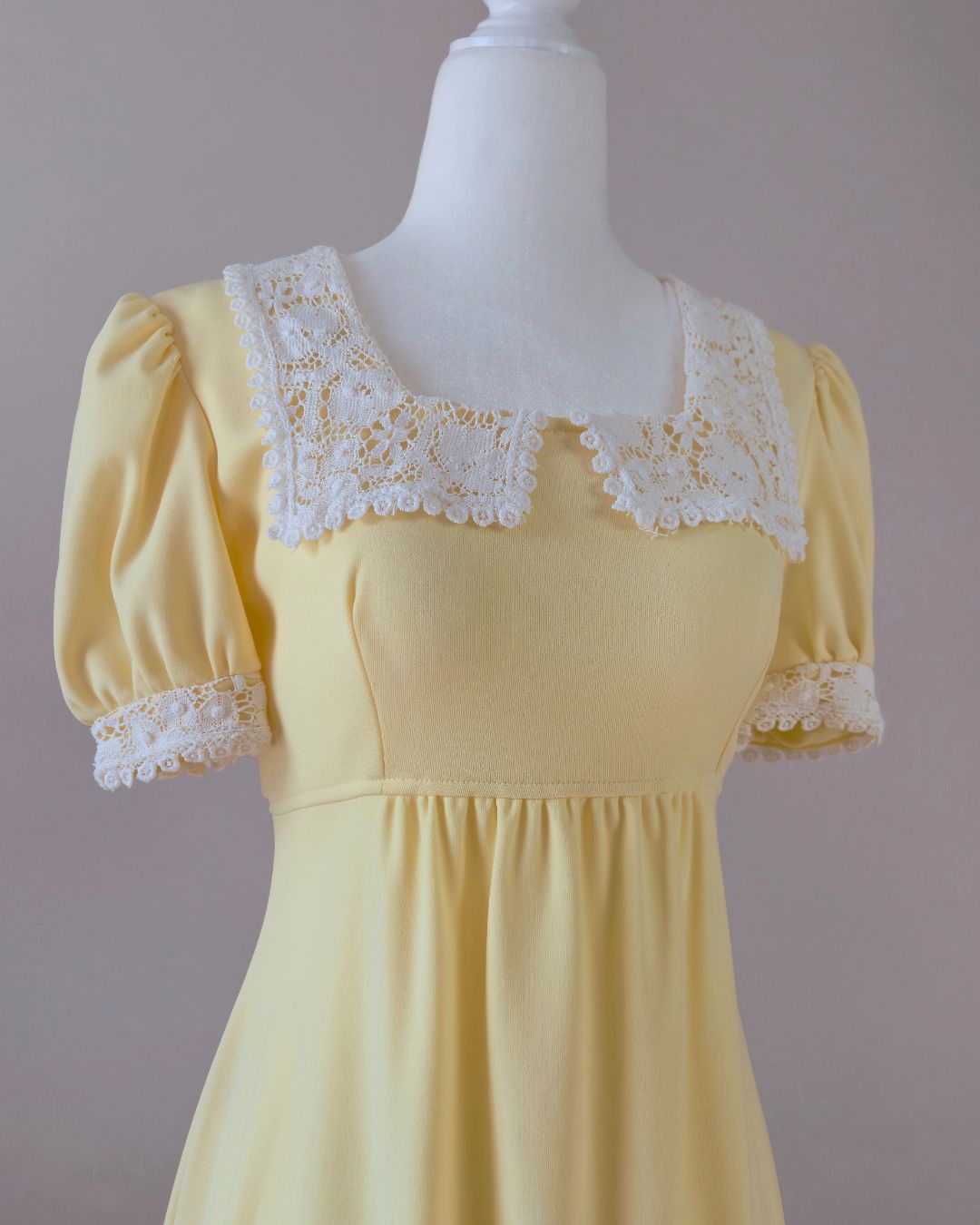 1970s Vintage Sunshine Yellow "Buttercup Glow" Prairie Dress with Crochet Lace and Poet Sleeves