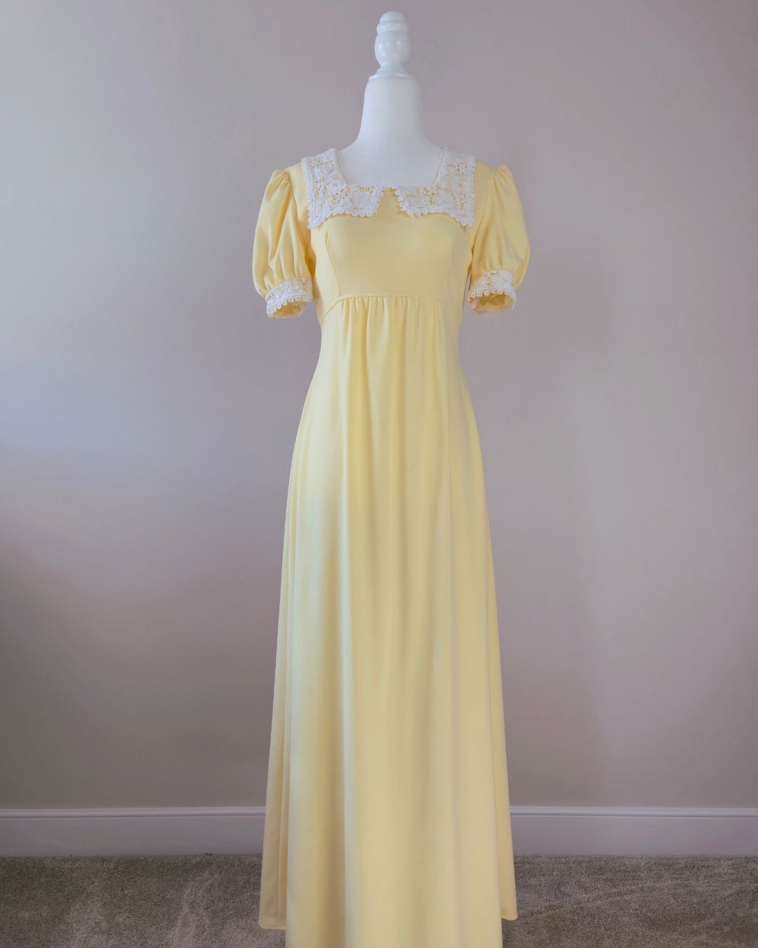 1970s Vintage Sunshine Yellow "Buttercup Glow" Prairie Dress with Crochet Lace and Poet Sleeves