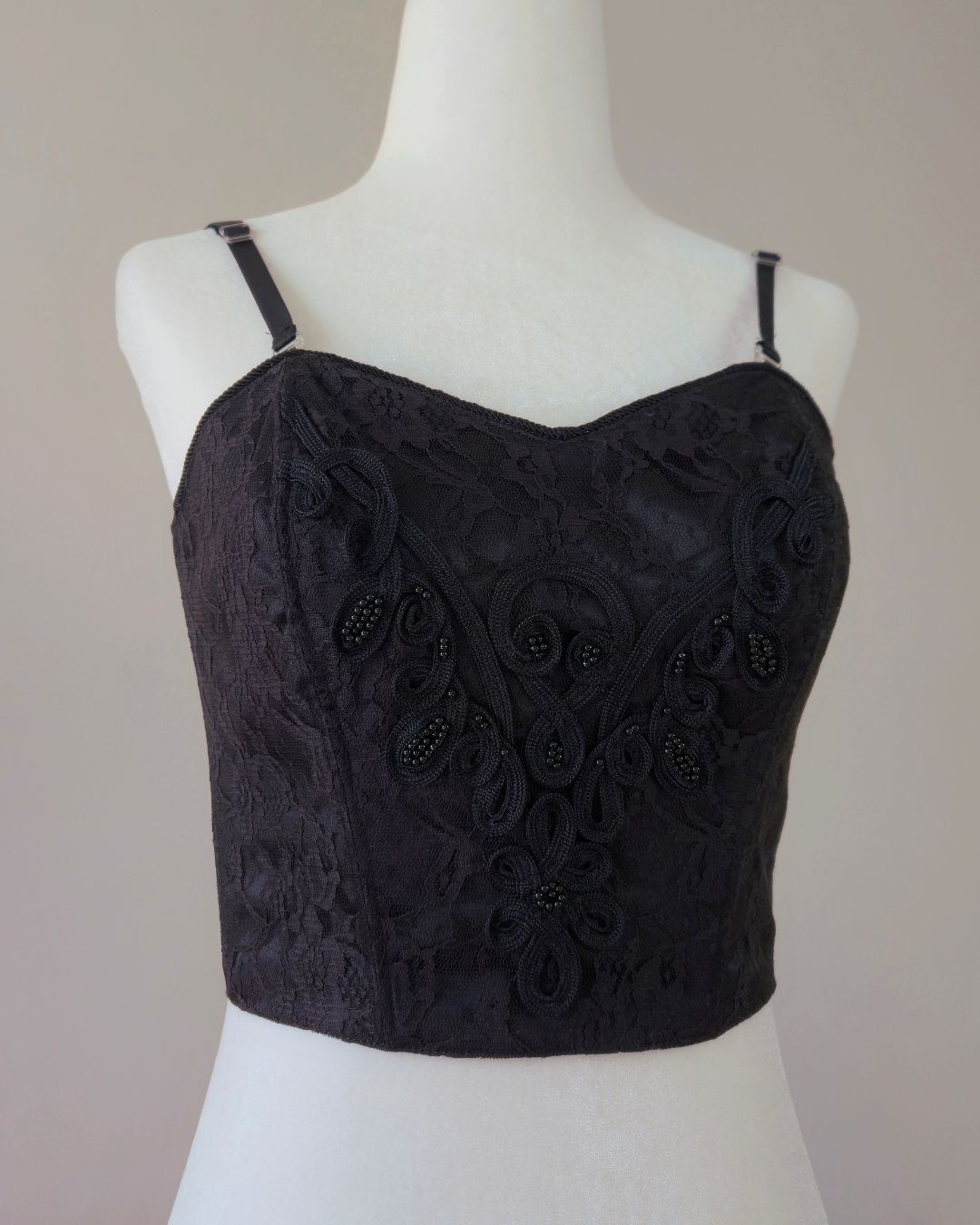 1970s Vintage Victoria’s Secret Gold Crown Black Satin Bustier with Lace & Beads