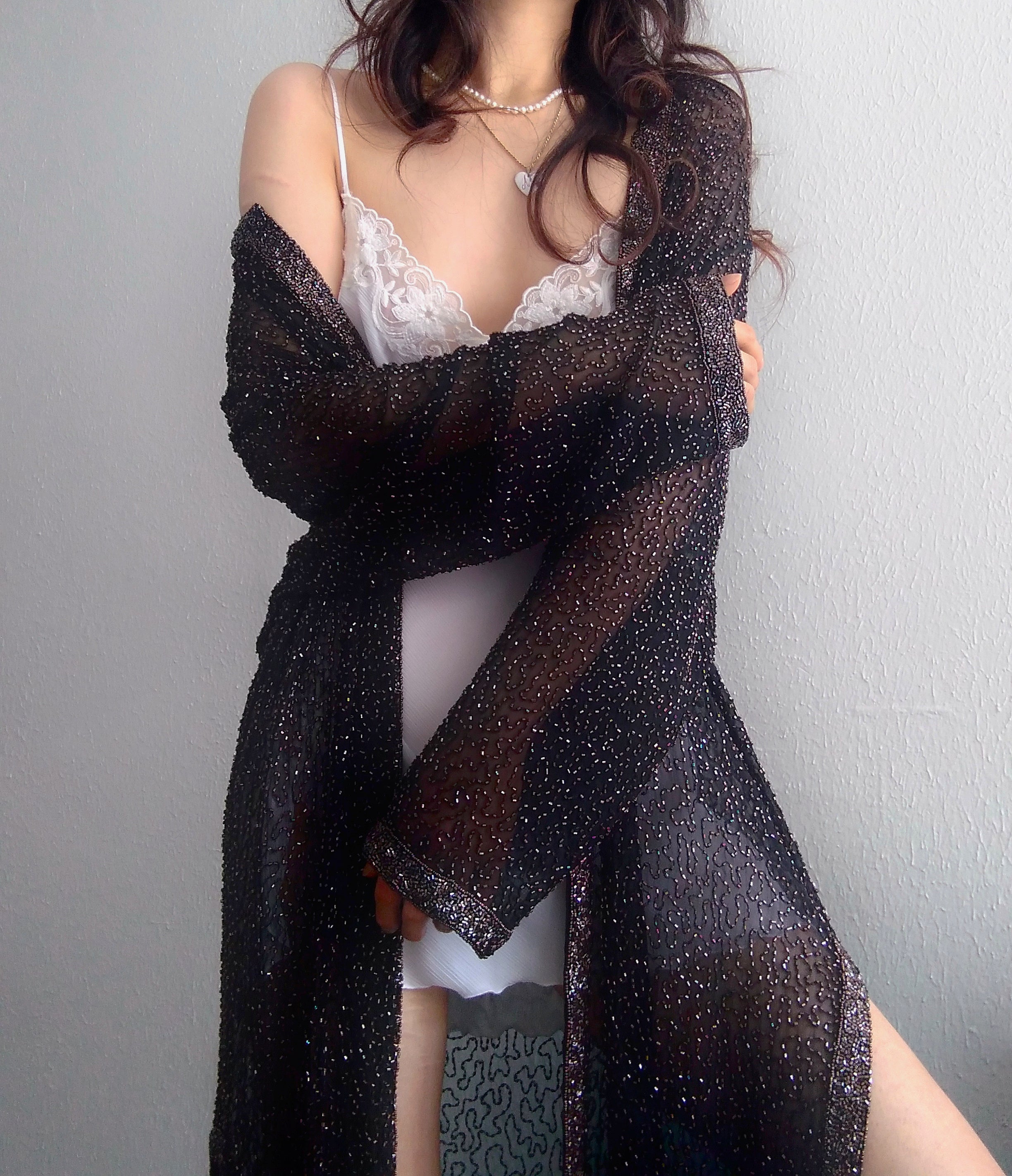 1980s Vintage Frank Usher Silk Beaded Dressing Gown