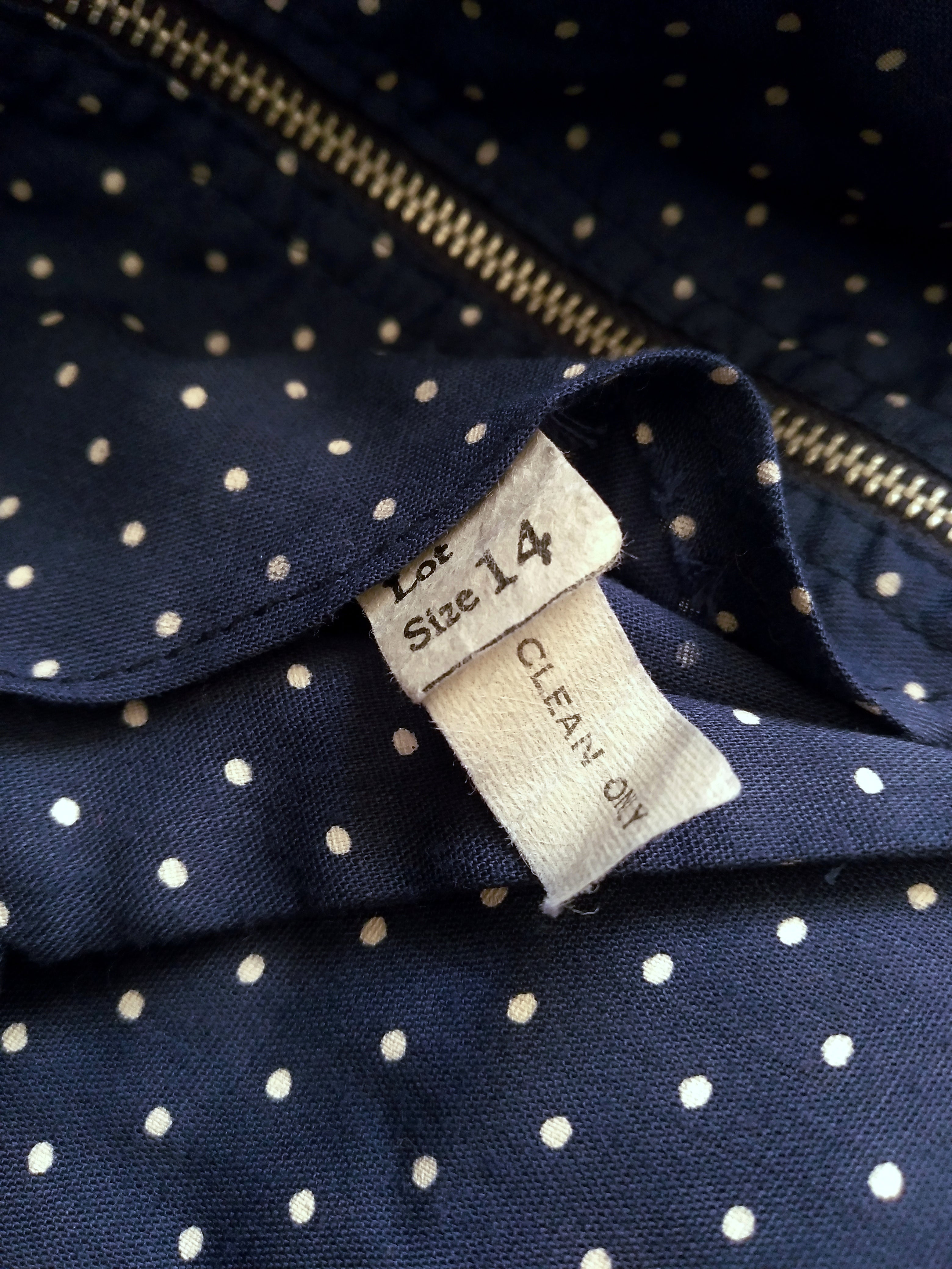 1970s Vintage Polka Dotted Navy Prairie Dress