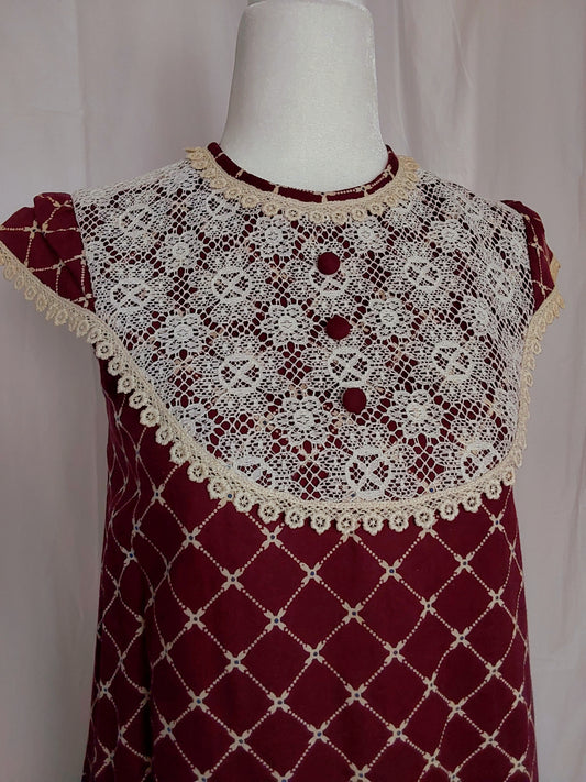 1970s Vintage Liberty House by Sun Babies Lattice Burgundy Prairie Dress