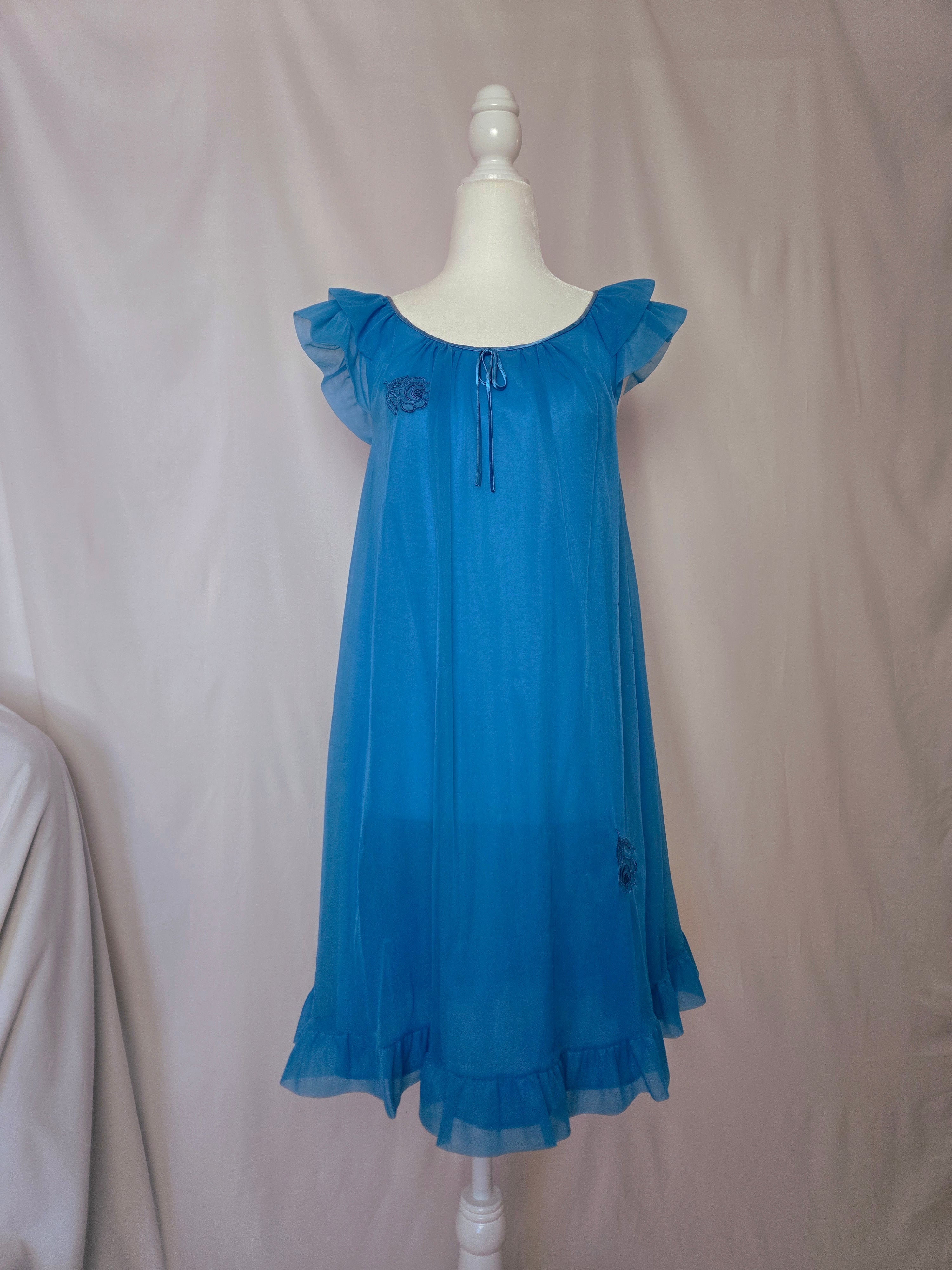 1960s Cobalt Blue Chiffon Flutter Sleeve Nightgown
