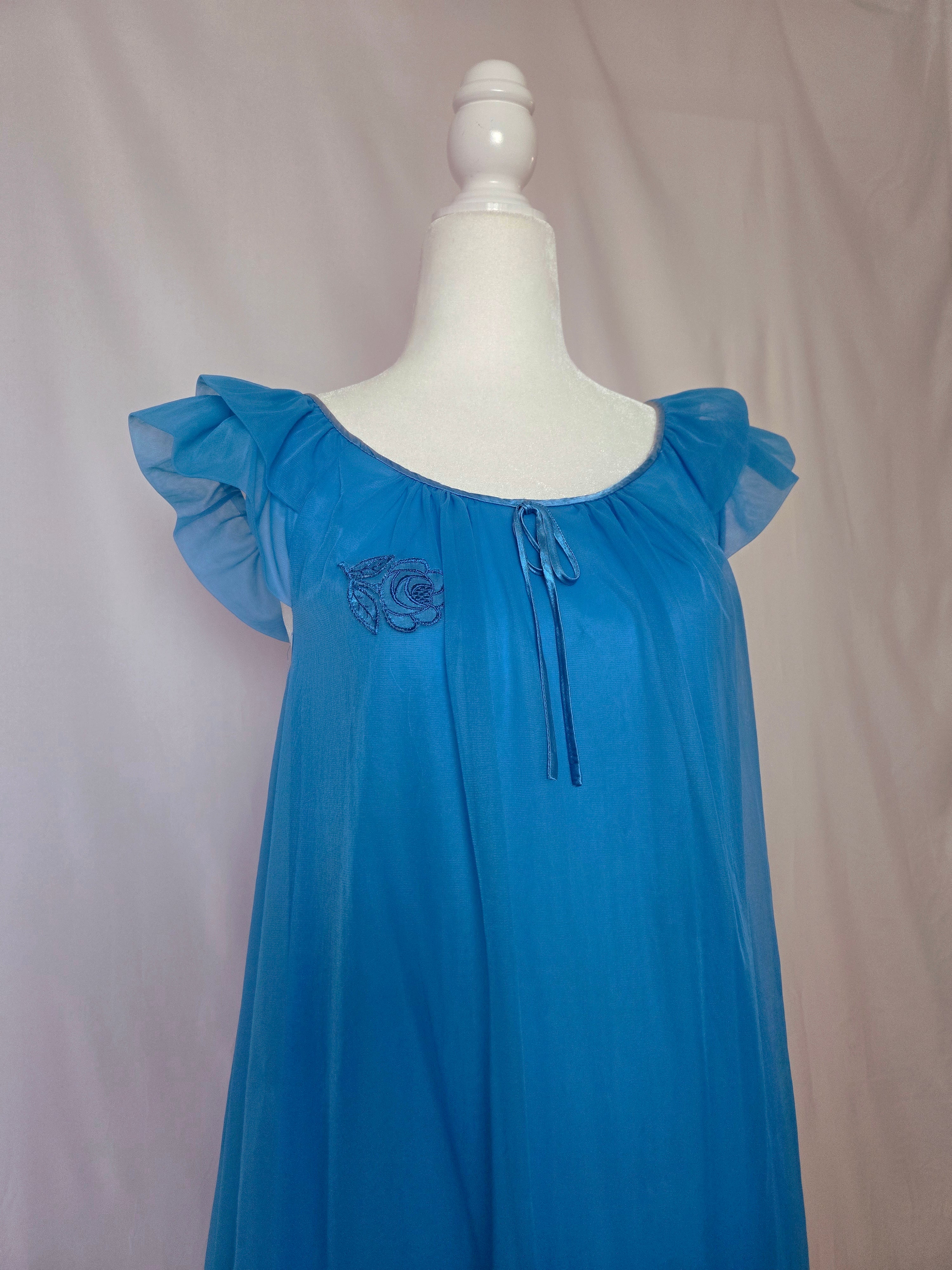 1960s Cobalt Blue Chiffon Flutter Sleeve Nightgown