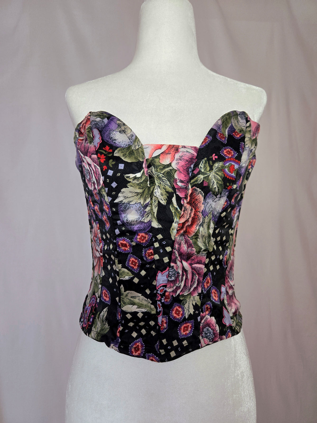 1970s Vintage Victoria's Secret Purple Floral Satin Bustier