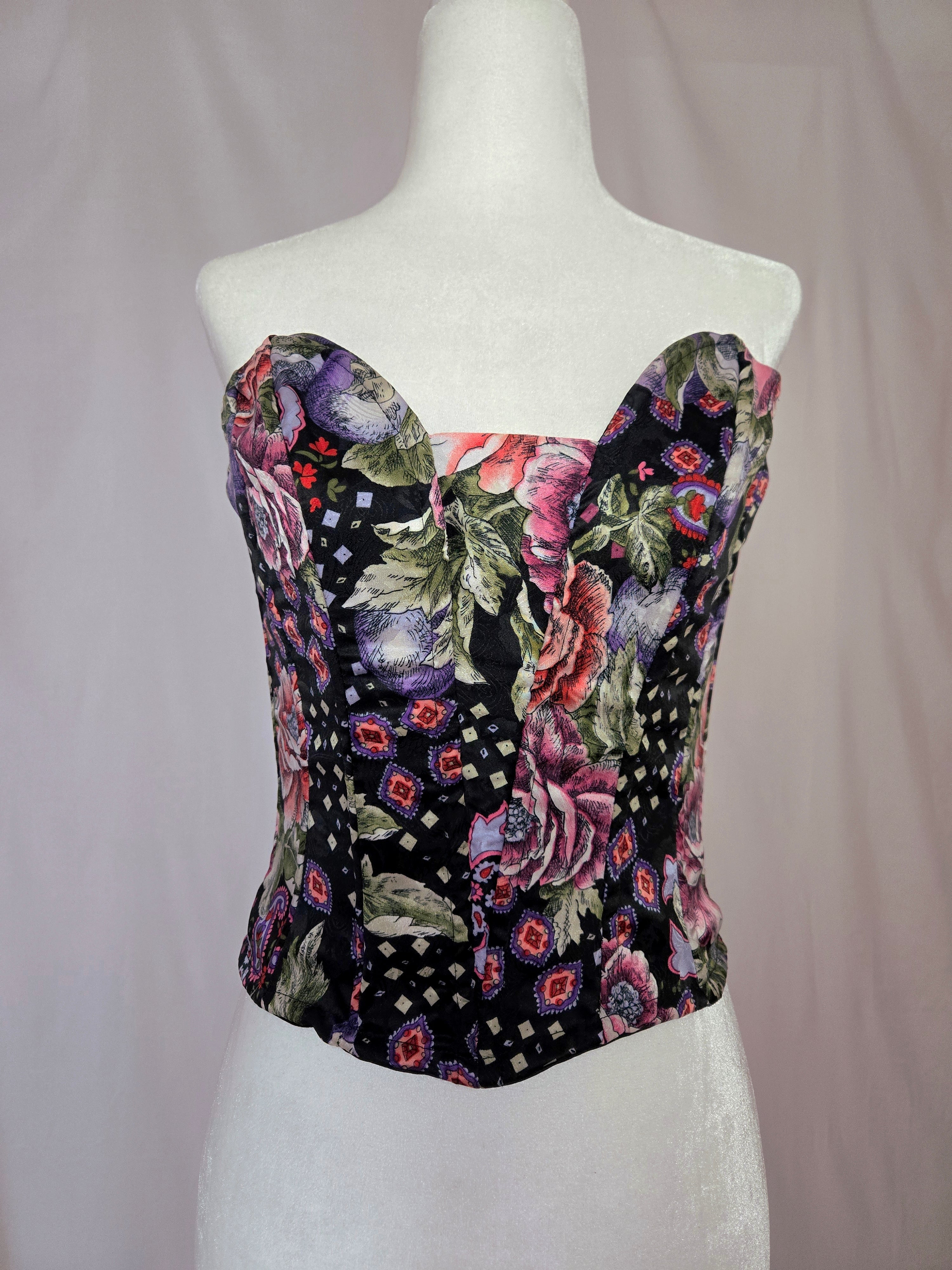 1970s Vintage Victoria's Secret Purple Floral Satin Bustier