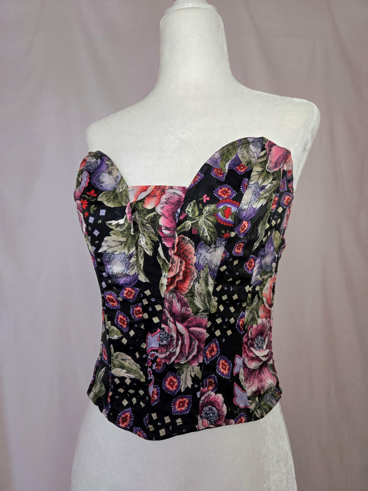 1970s Vintage Victoria's Secret Purple Floral Satin Bustier