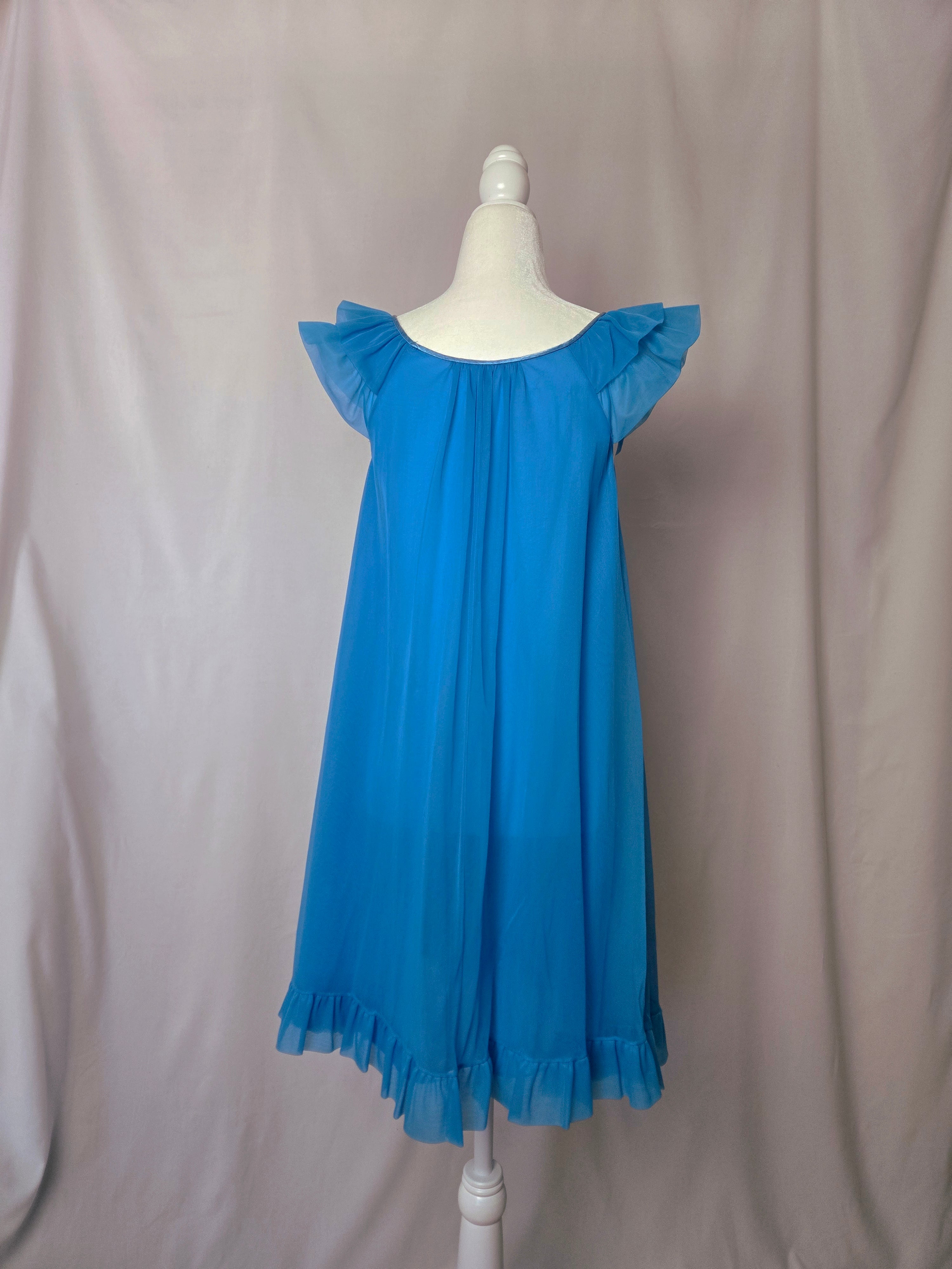 1960s Cobalt Blue Chiffon Flutter Sleeve Nightgown