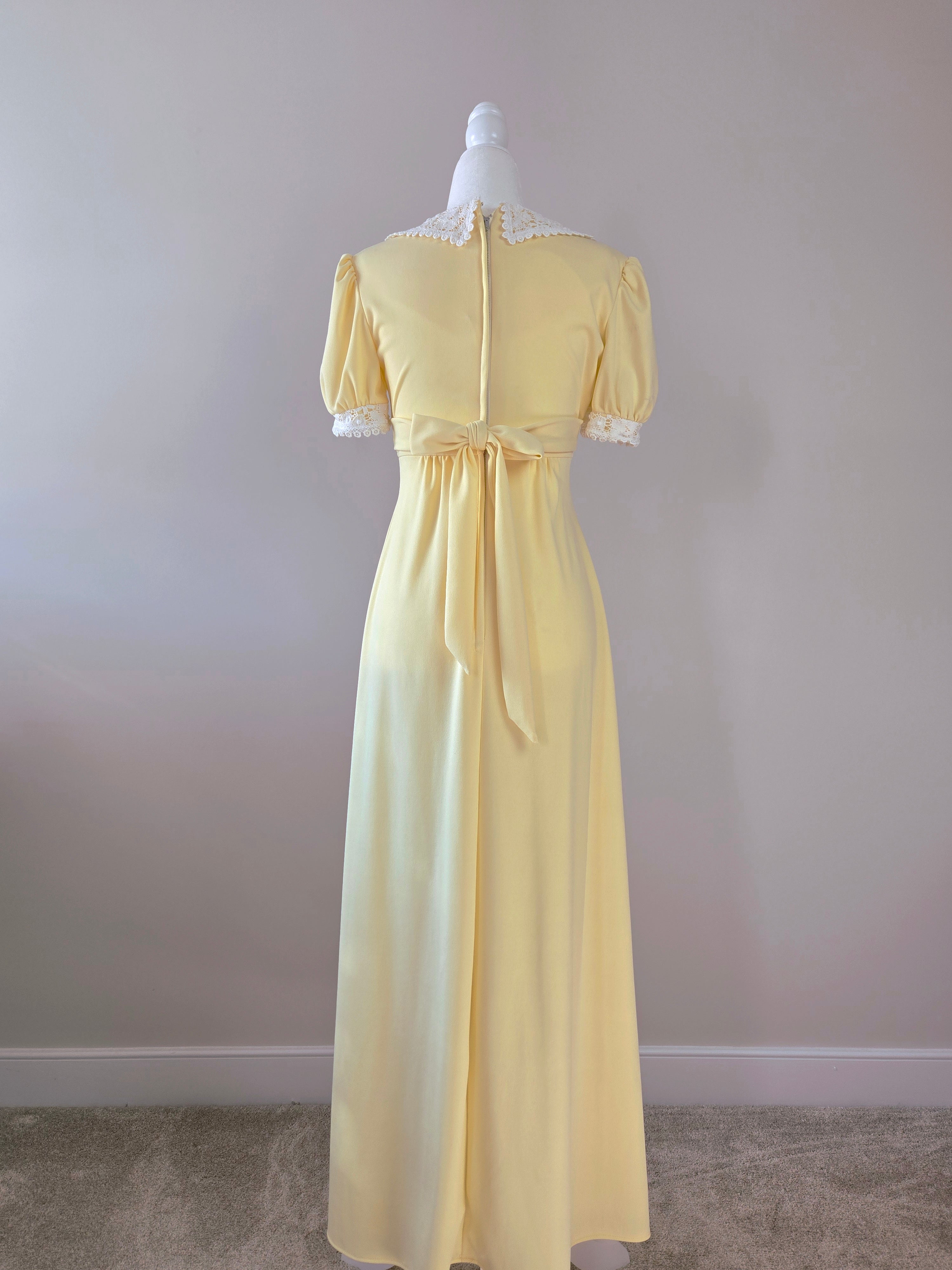 1970s Vintage Sunshine Yellow "Buttercup Glow" Prairie Dress with Crochet Lace and Poet Sleeves