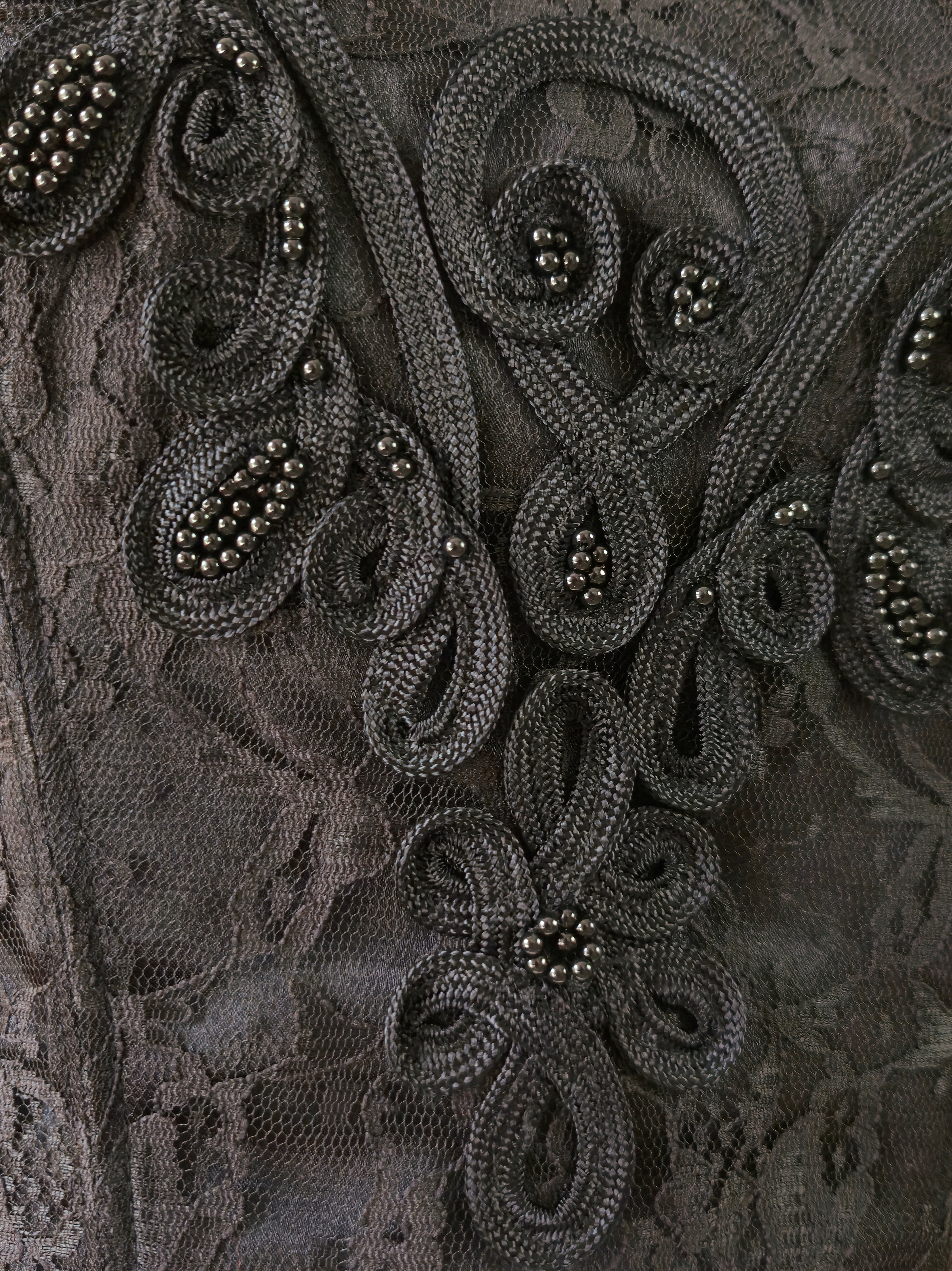 1970s Vintage Victoria’s Secret Gold Crown Black Satin Bustier with Lace & Beads