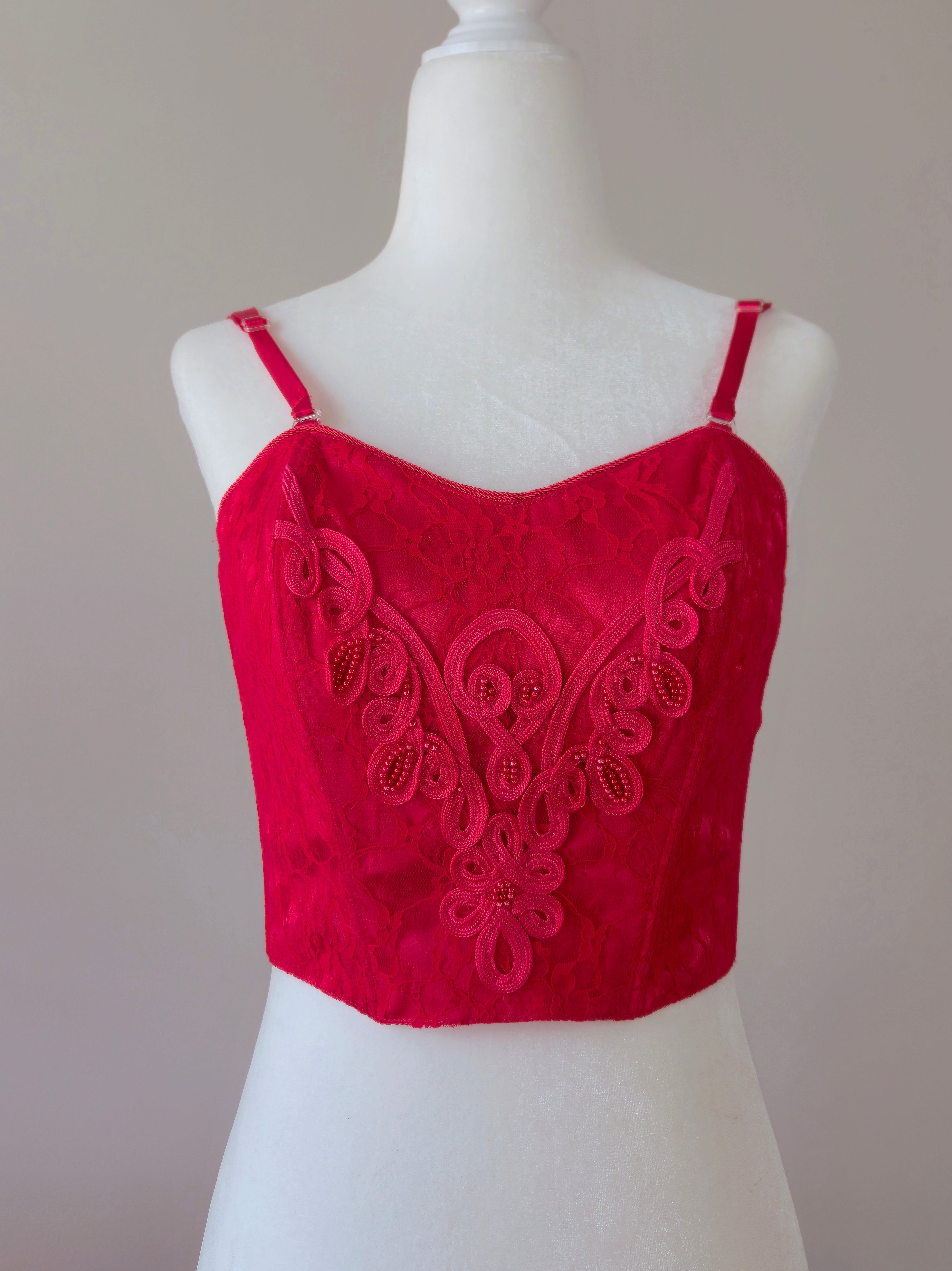 1970s Vintage Victoria’s Secret Gold Crown Scarlet Red Satin Bustier with Lace & Beads