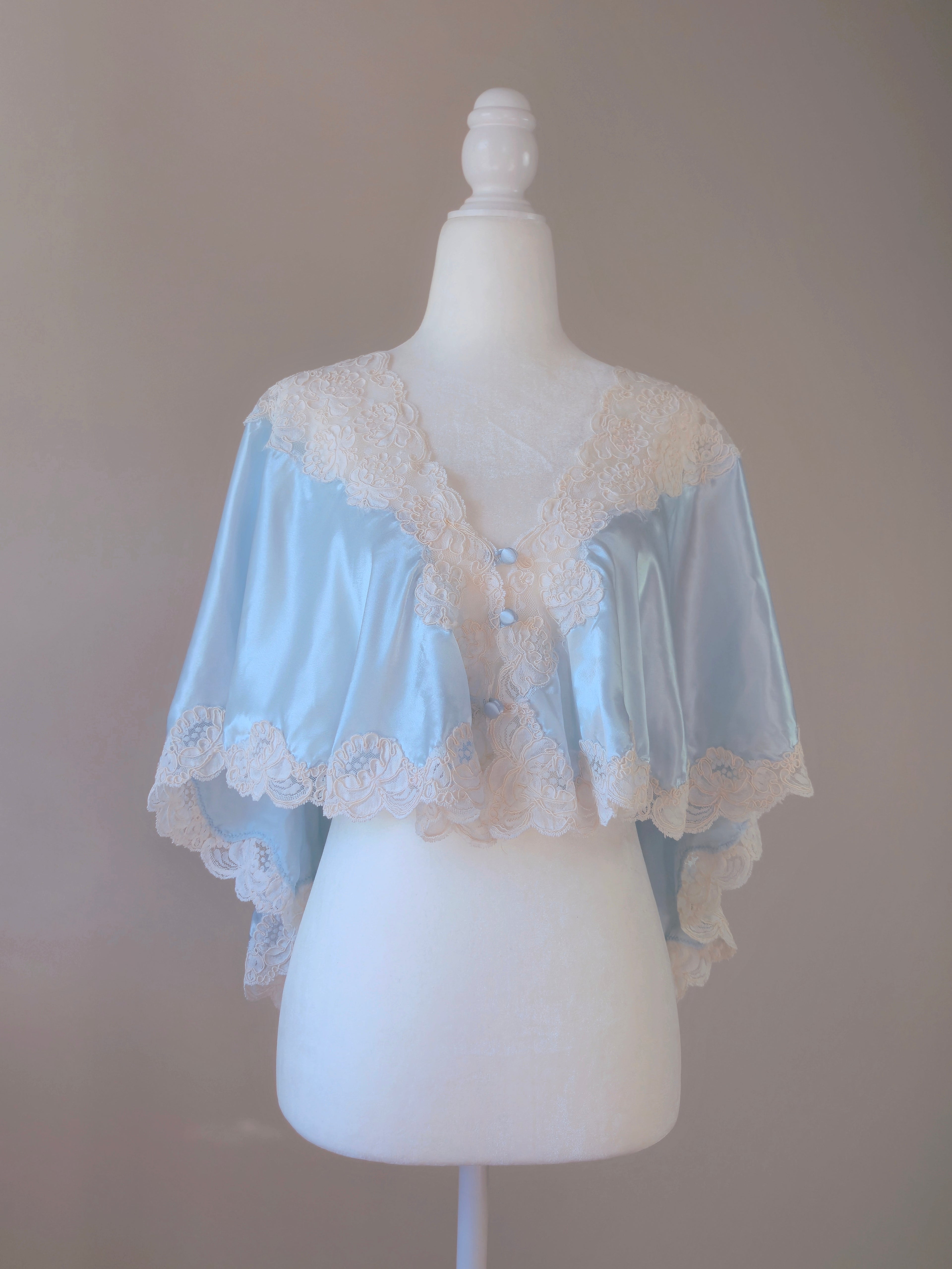 1980s Vintage Victoria's Secret Light Blue Liquid Satin Lace Bed Jacket