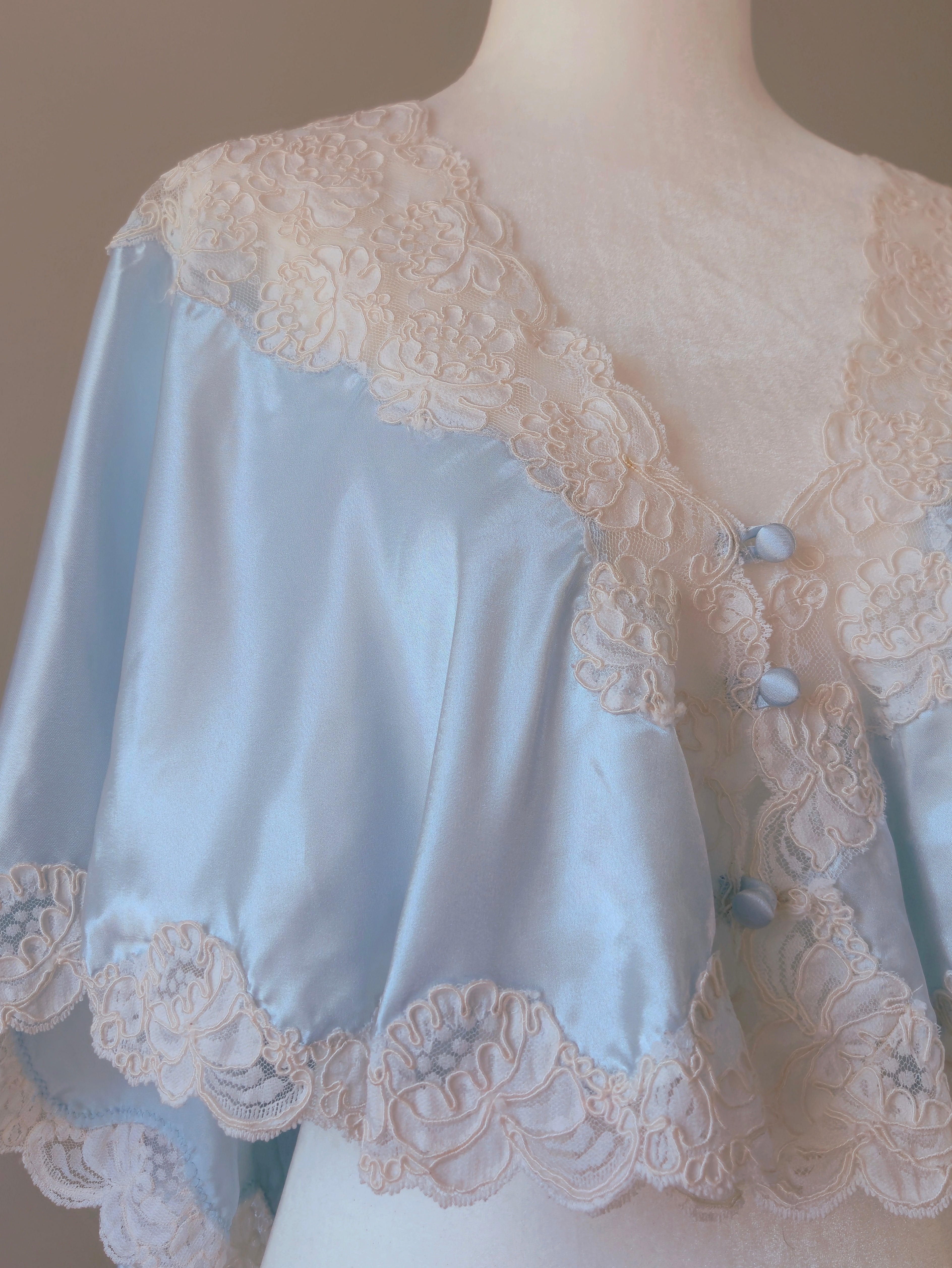 1980s Vintage Victoria's Secret Light Blue Liquid Satin Lace Bed Jacket