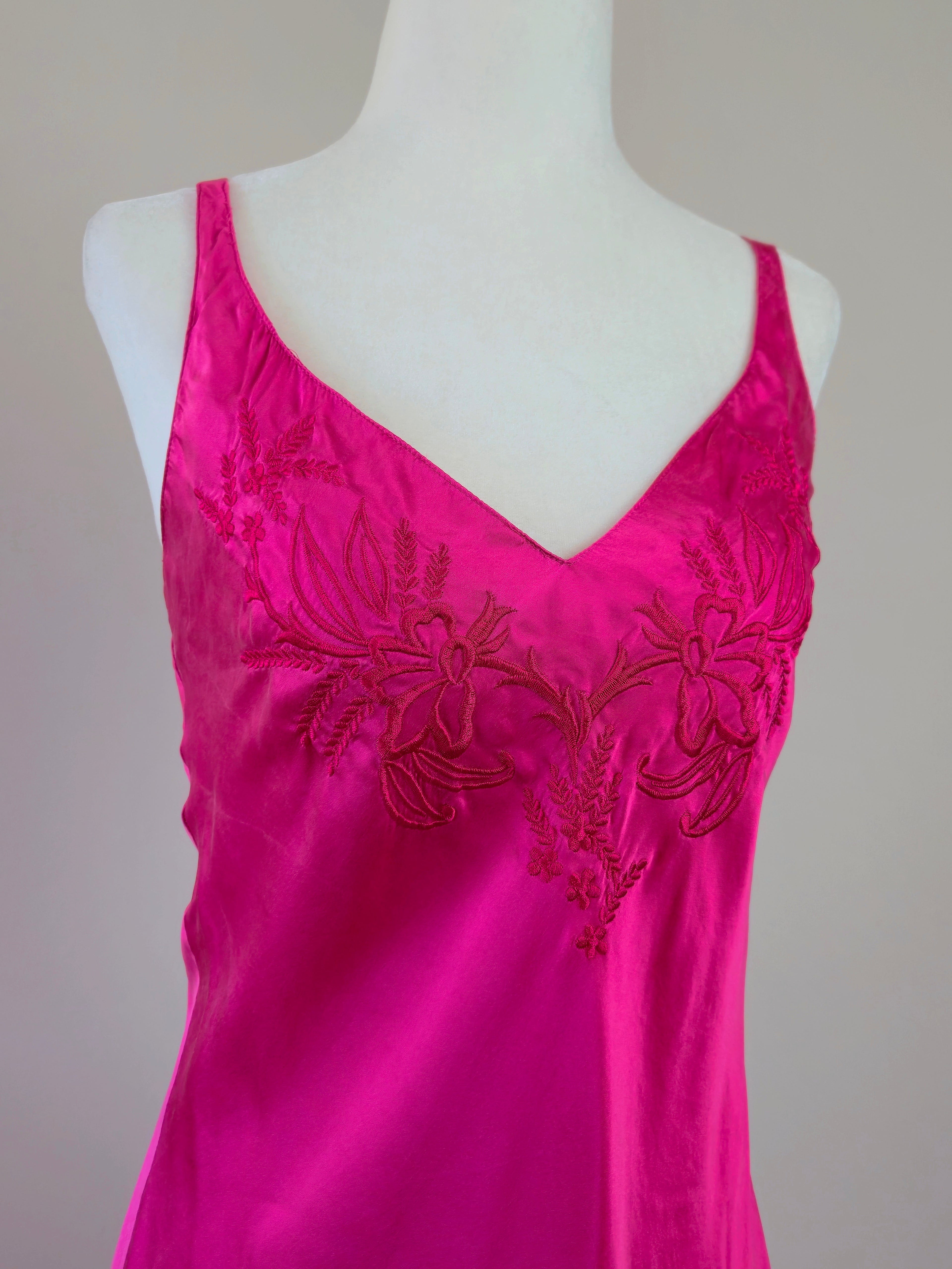 1980s Vintage Victoria's Secret Embroidered Pink Silk Slip Dress