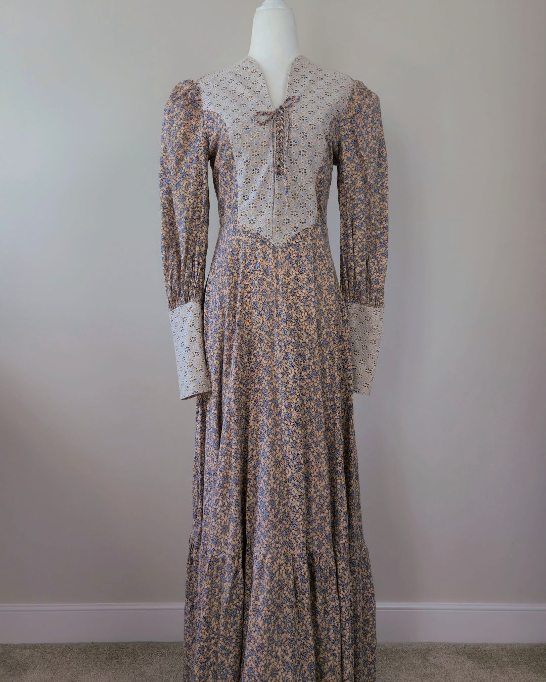 1970s Handmade "Soft Horizon" Beige Floral Prairie Dress