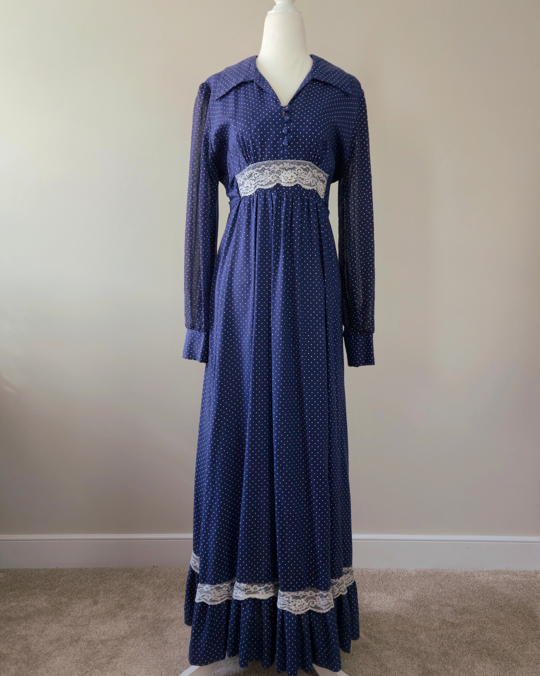 1970s Vintage Polka Dotted Navy Prairie Dress