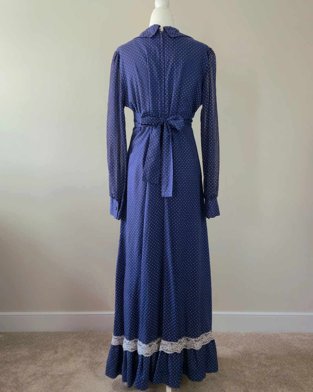 1970s Vintage Polka Dotted Navy Prairie Dress