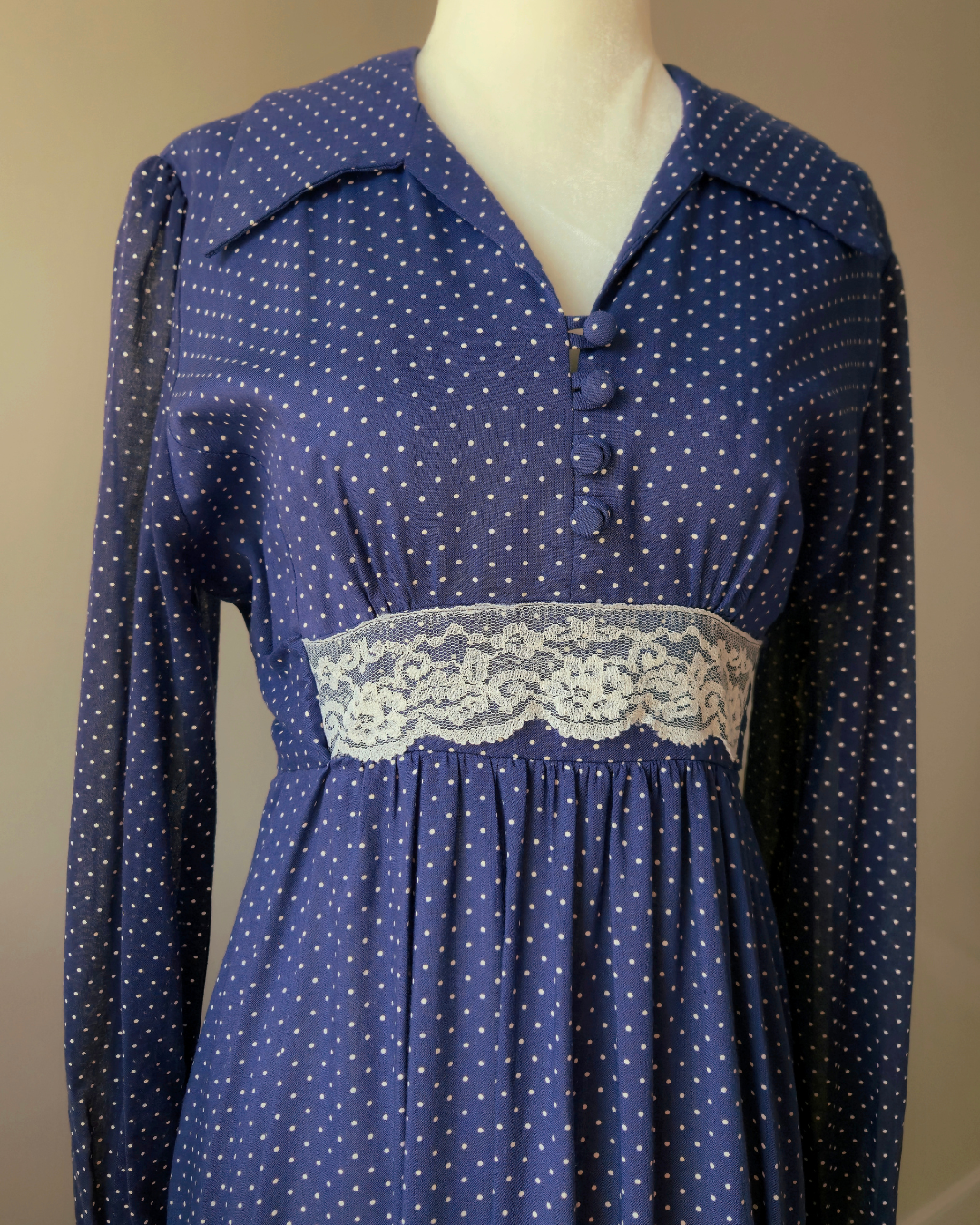 1970s Vintage Polka Dotted Navy Prairie Dress