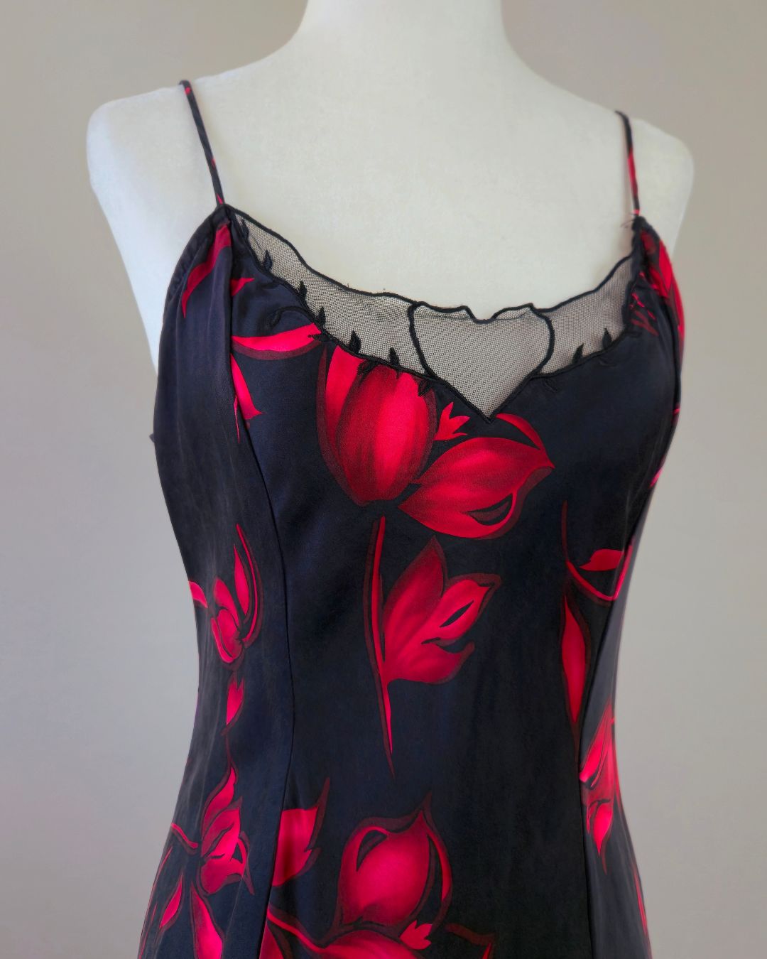1990s Vintage Victoria's Secret Crimson Red Florals Silk Slip Dress