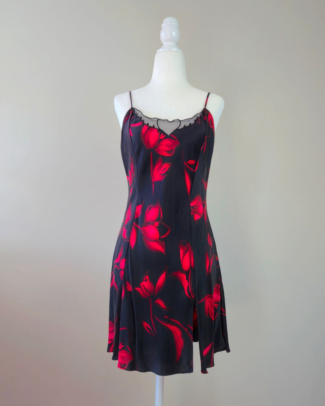 1990s Vintage Victoria's Secret Crimson Red Florals Silk Slip Dress