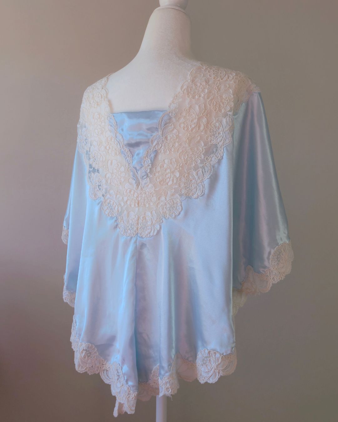 1980s Vintage Victoria's Secret Light Blue Liquid Satin Lace Bed Jacket