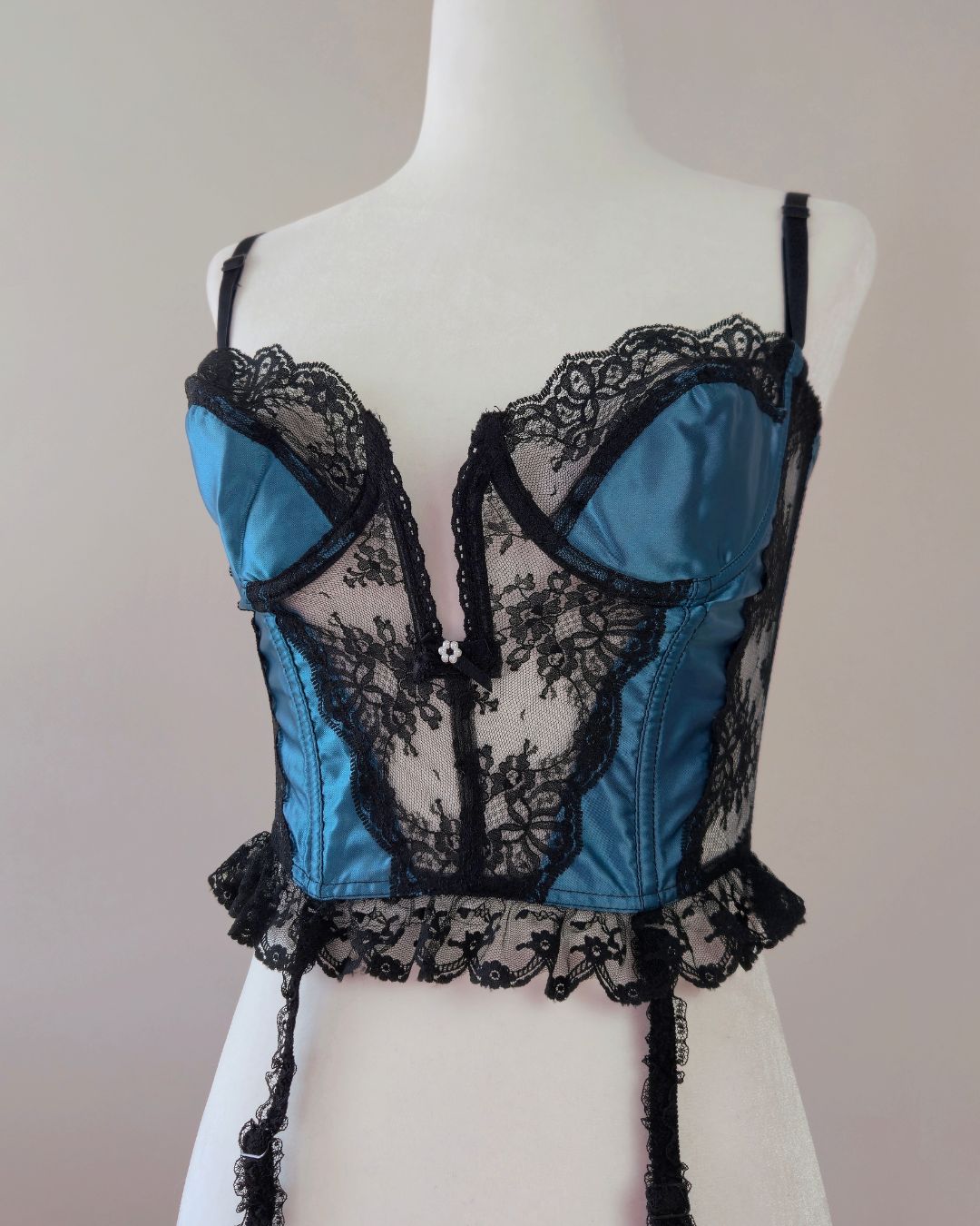 1970s Vintage Victoria's Secret Gold Crown Teal Satin Bustier with Lace, Pearl Bow & Garters