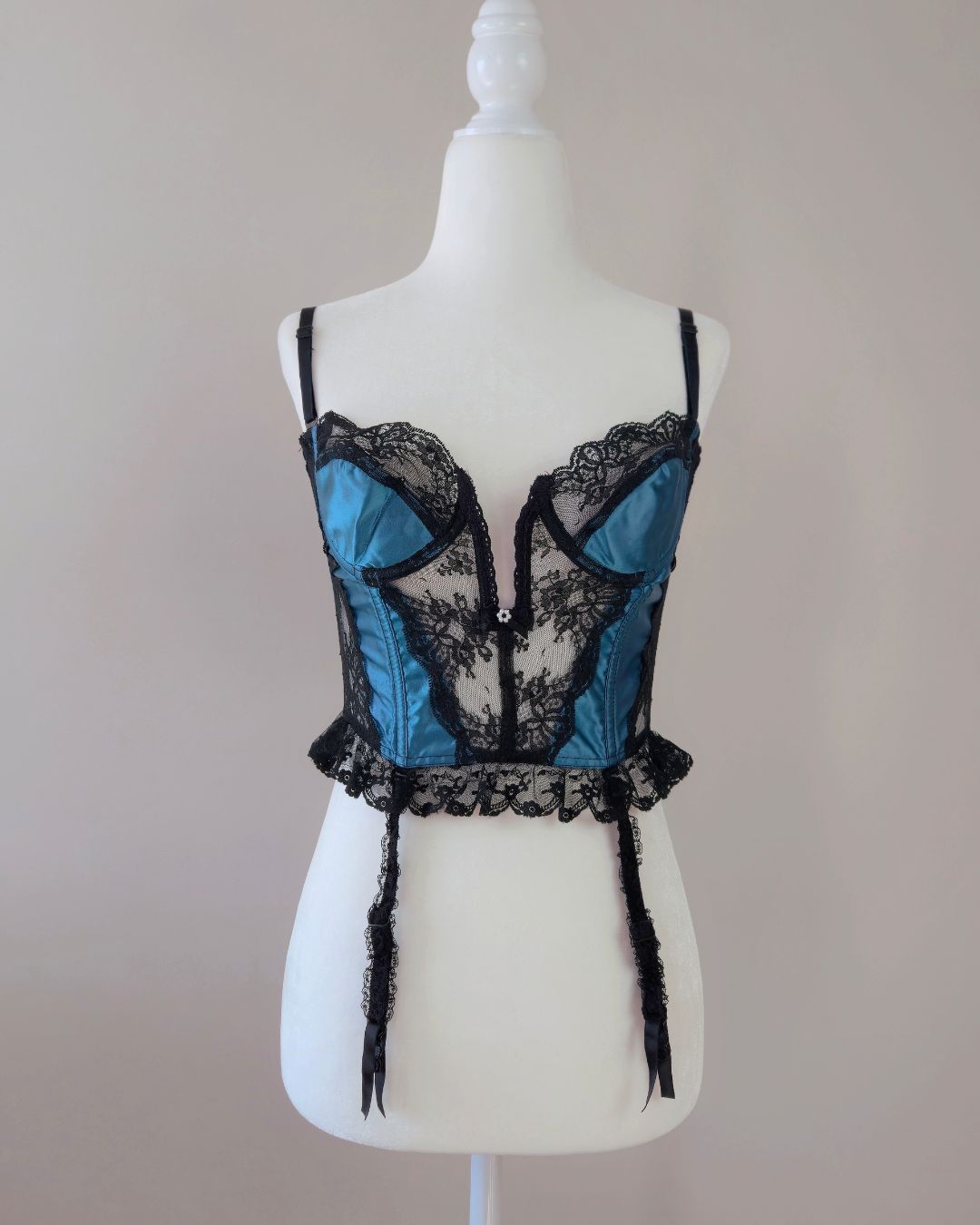 1970s Vintage Victoria's Secret Gold Crown Teal Satin Bustier with Lace, Pearl Bow & Garters