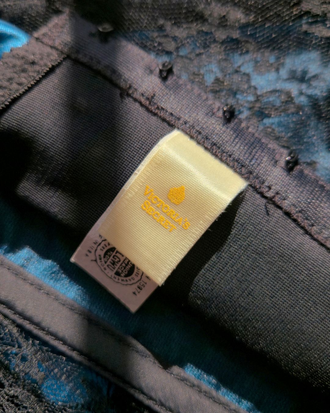 1970s Vintage Victoria's Secret Gold Crown Teal Satin Bustier with Lace, Pearl Bow & Garters