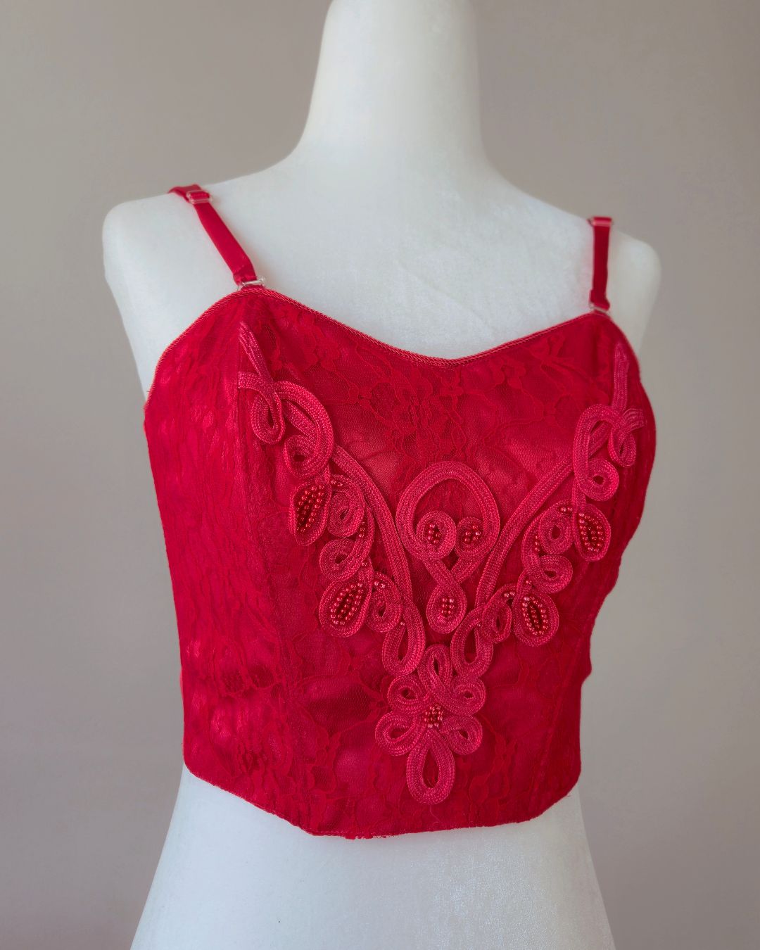 1970s Vintage Victoria’s Secret Gold Crown Scarlet Red Satin Bustier with Lace & Beads