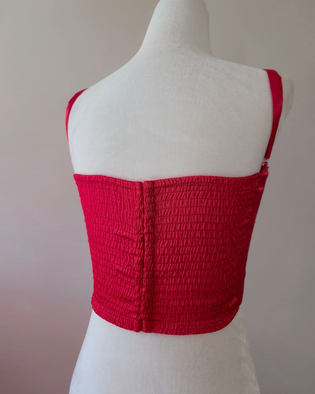 1970s Vintage Victoria’s Secret Gold Crown Scarlet Red Satin Bustier with Lace & Beads