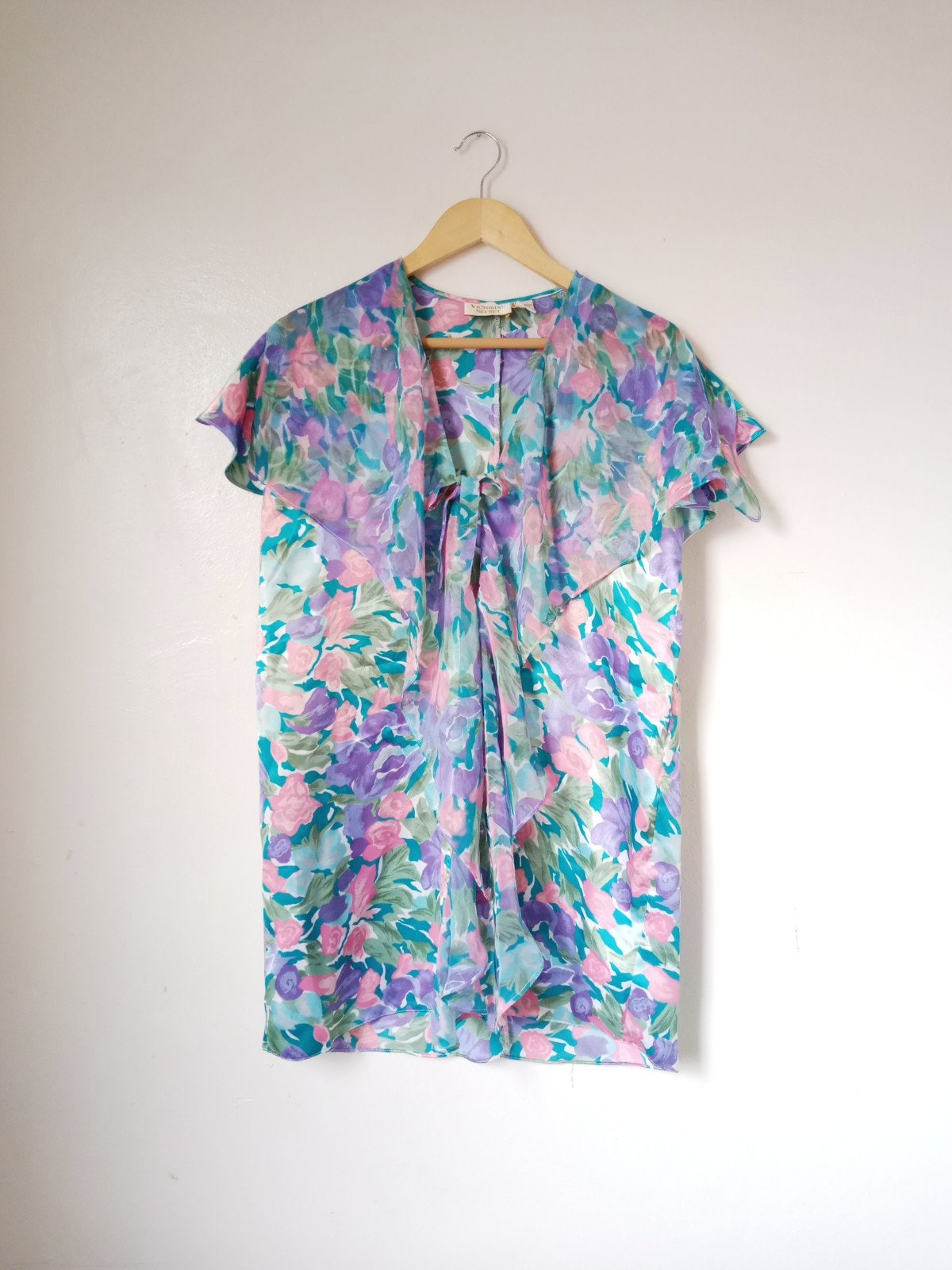 1980s Vintage Victoria's Secret Pastel Watercolor Liquid Satin Peignoir & Slip Set
