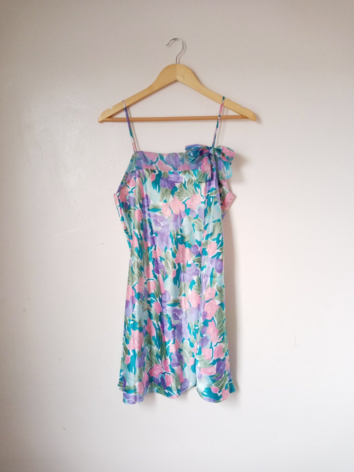 1980s Vintage Victoria's Secret Pastel Watercolor Liquid Satin Peignoir & Slip Set
