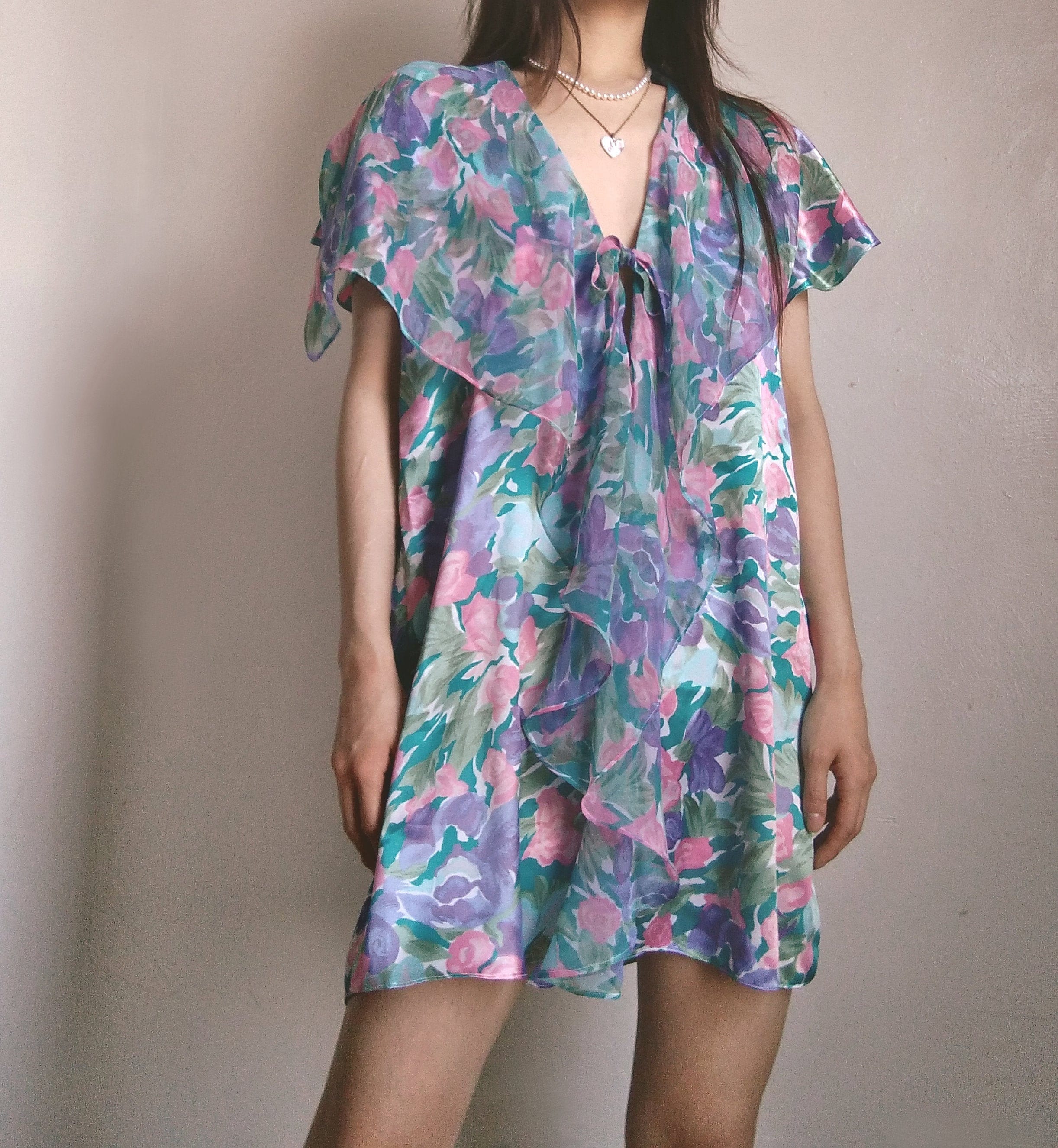 1980s Vintage Victoria's Secret Pastel Watercolor Liquid Satin Peignoir & Slip Set