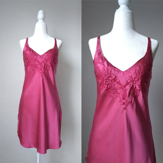 1980s Vintage Victoria's Secret Embroidered Pink Silk Slip Dress