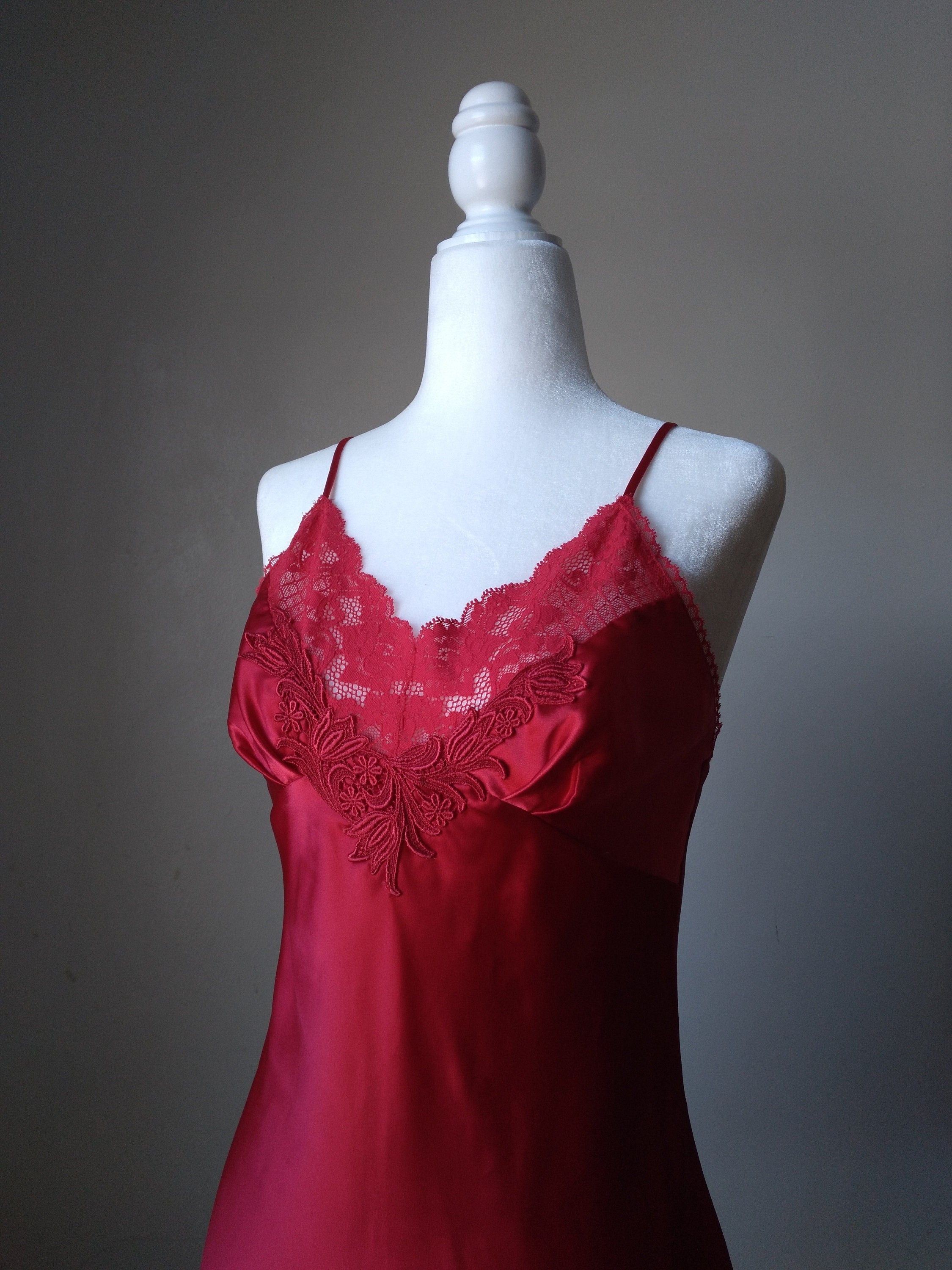 1990s Vintage Victoria's Secret Ruby Red Satin Slip Dress