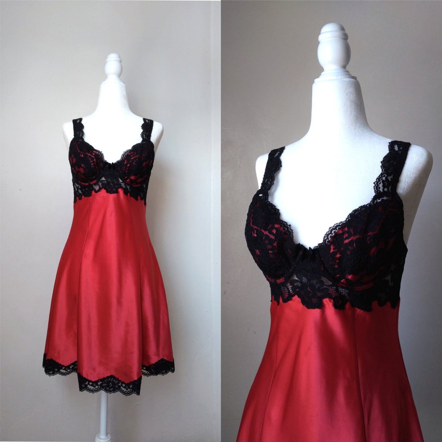 1990s Vintage Victoria's Secret Red Lace Bustier Slip Dress