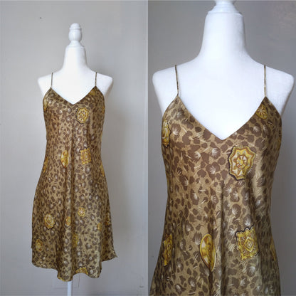 1980s Vintage Victoria's Secret Gold Leopard Silk Slip Dress