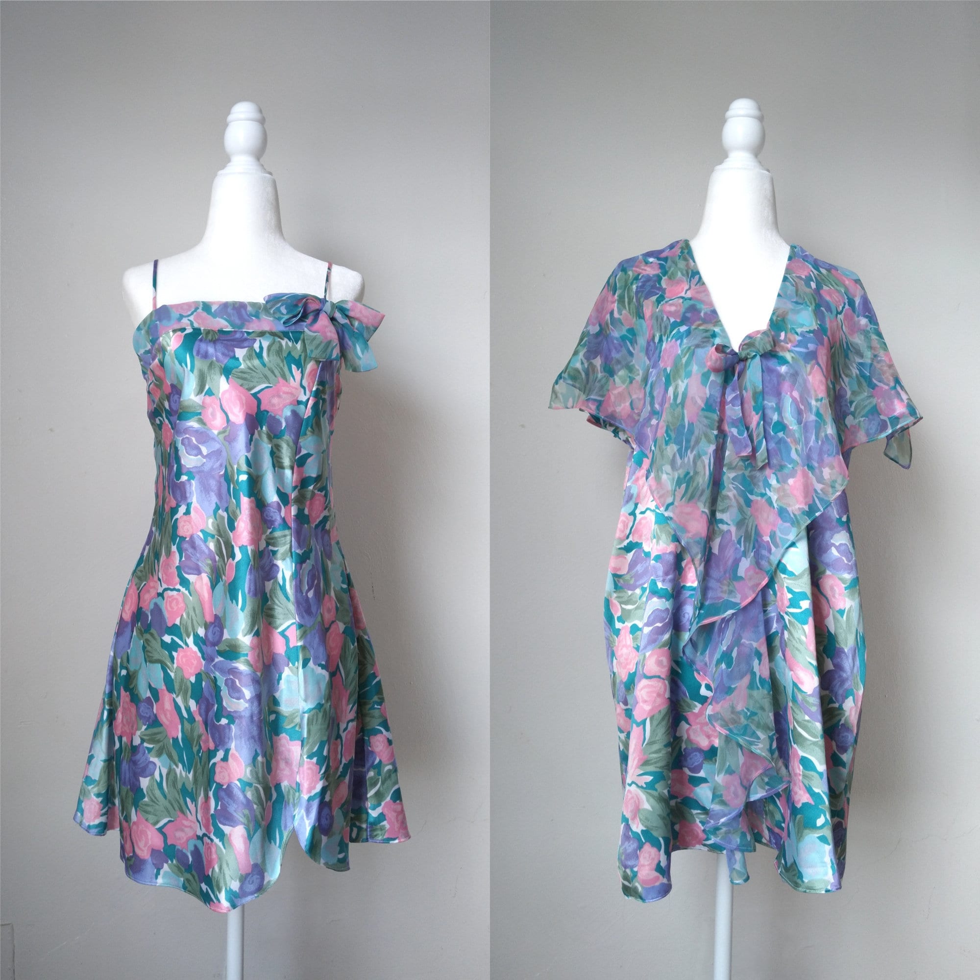 1980s Vintage Victoria's Secret Pastel Watercolor Liquid Satin Peignoir & Slip Set