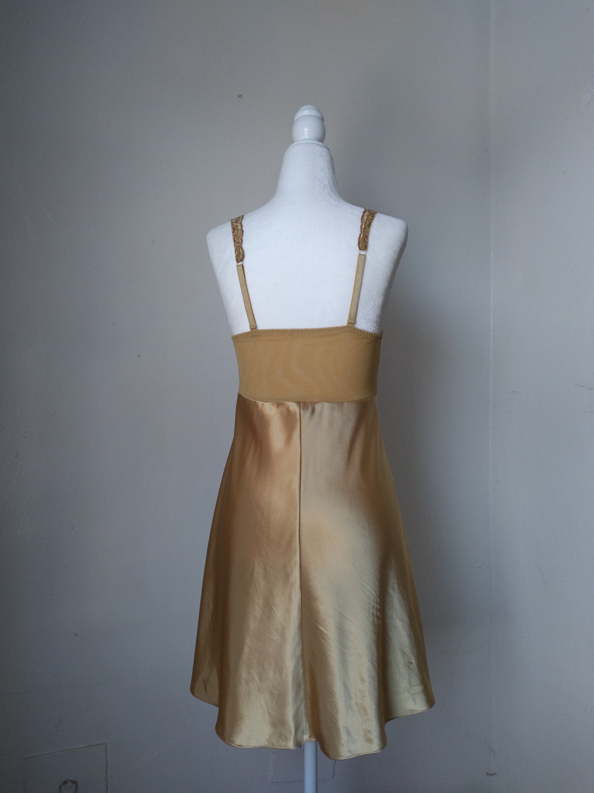 victoria secret gold dress 1990s Victoria's Secret Gold Lace Bustier Slip Dress