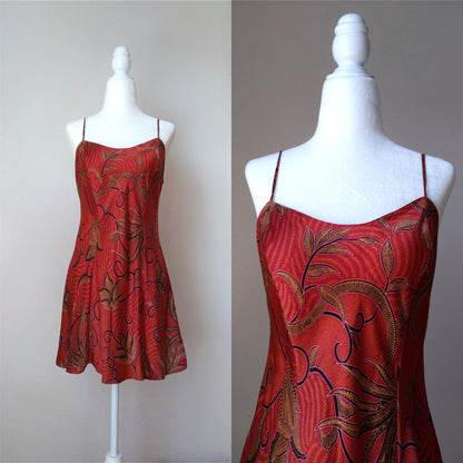 1990s Vintage Victoria's Secret Red Leafy Silk Slip Dress