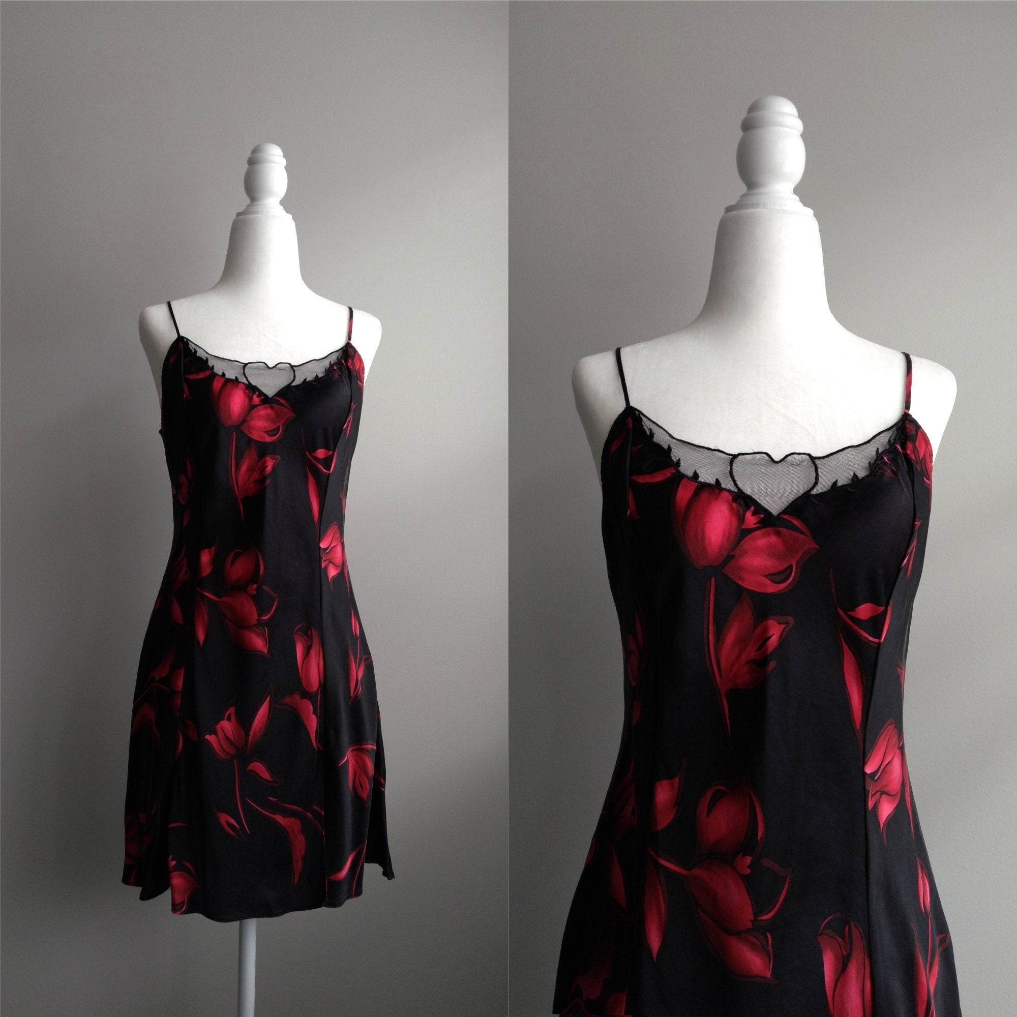 1990s Vintage Victoria's Secret Crimson Red Florals Silk Slip Dress
