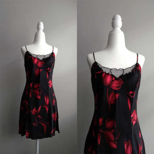 1990s Vintage Victoria's Secret Red Florals Silk Slip Dress