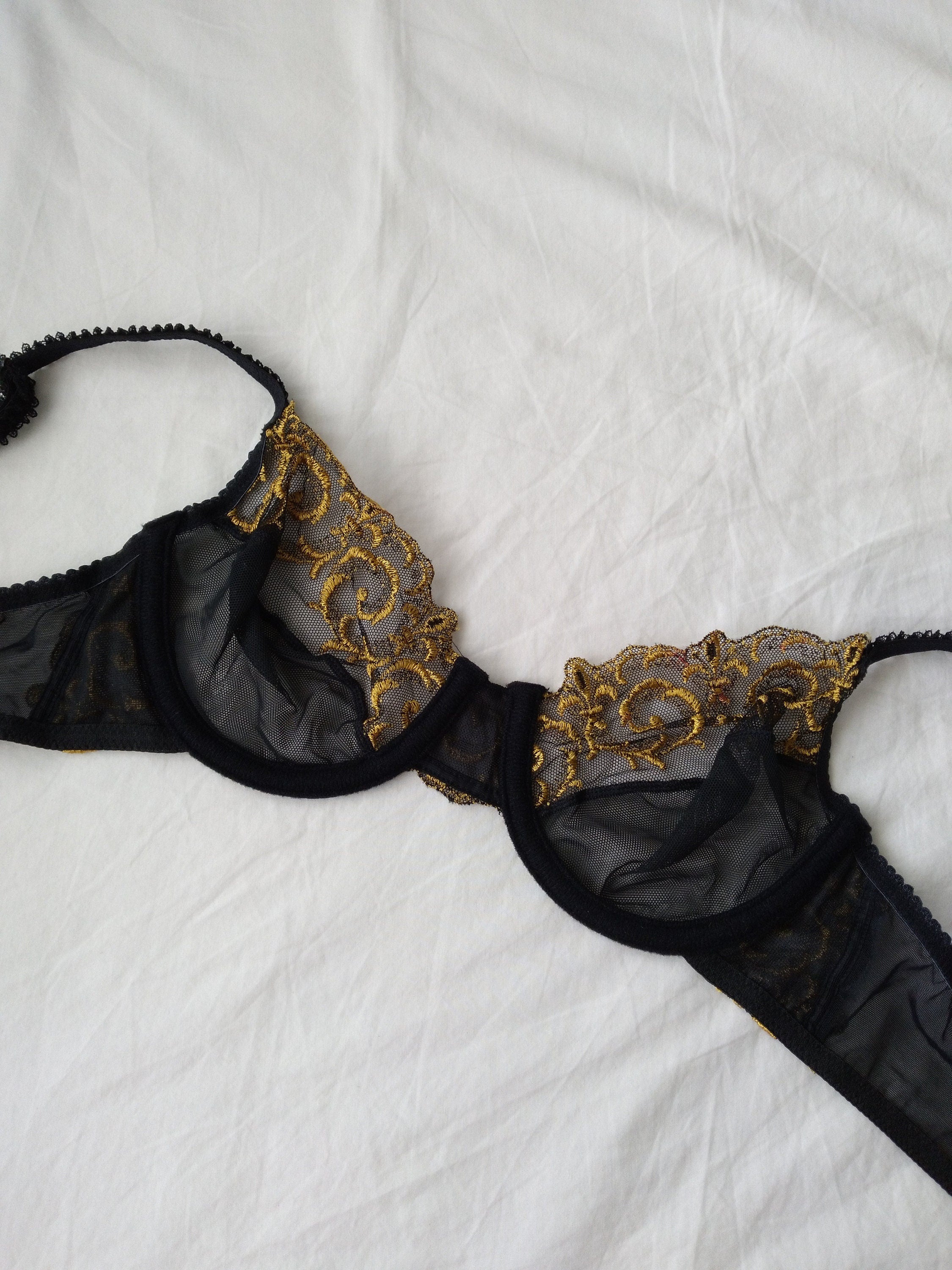 1990s Vintage Victoria's Secret Gold Embroidered Black Lace Bra