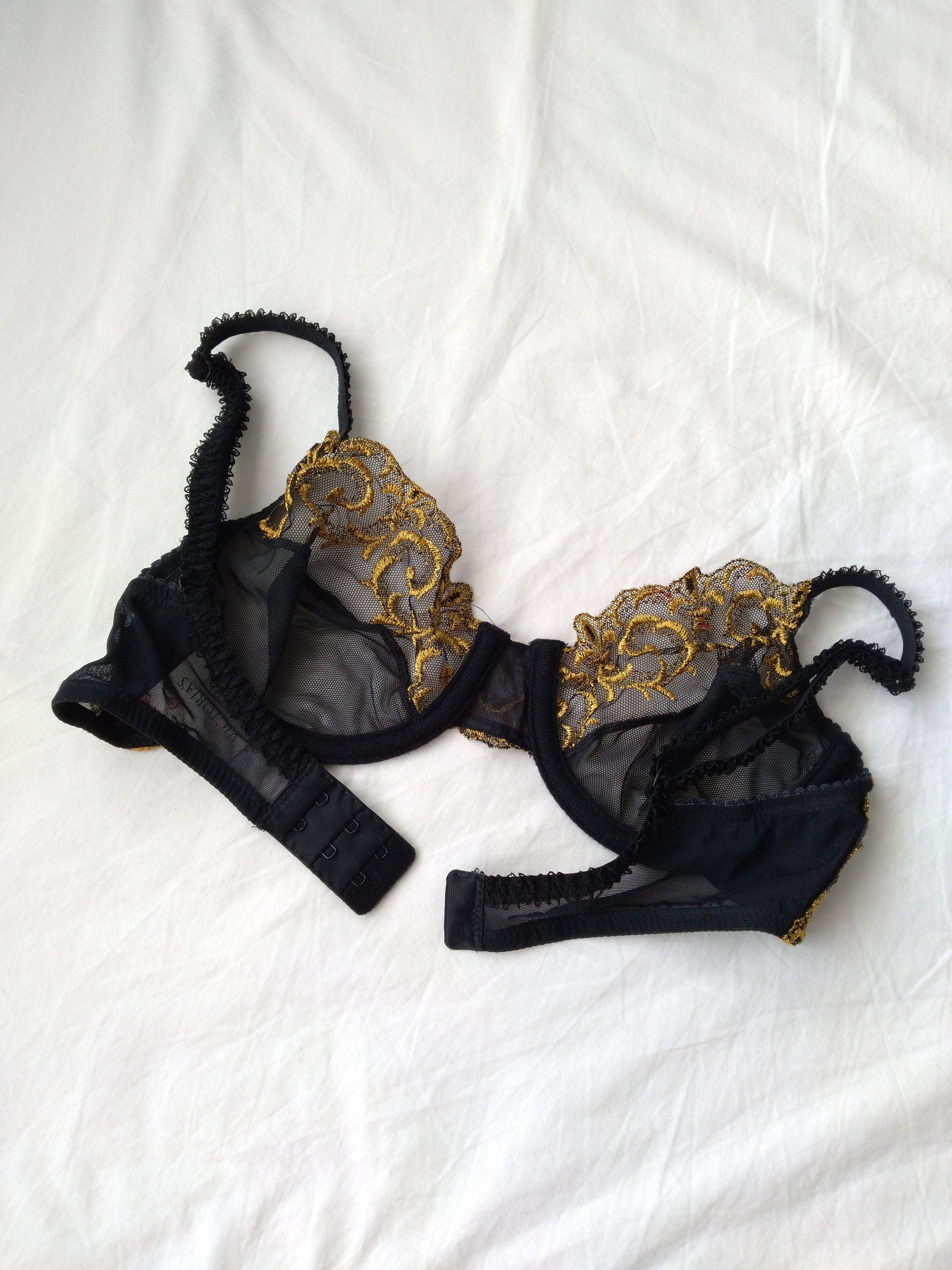 1990s Vintage Victoria's Secret Gold Embroidered Black Lace Bra