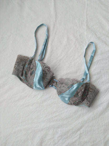 1970s Vintage Christian Dior Sea Blue Lace and Satin Balconette Bra