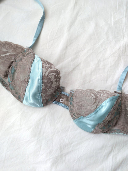 1970s Vintage Christian Dior Sea Blue Lace and Satin Balconette Bra