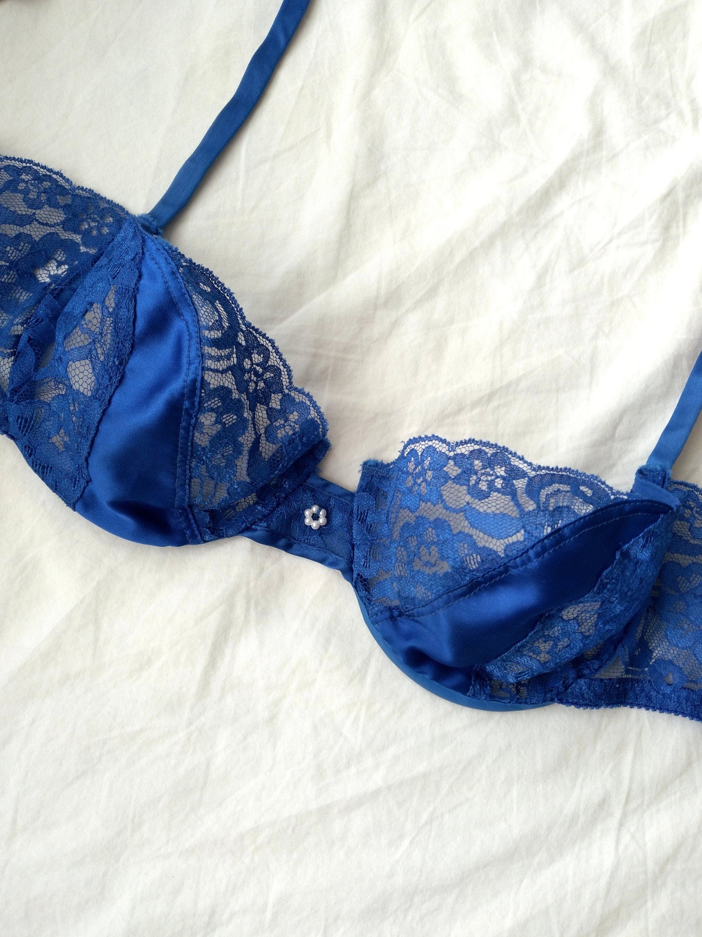 1970s Vintage Christian Dior Cobalt Blue Lace and Satin Balconette Bra