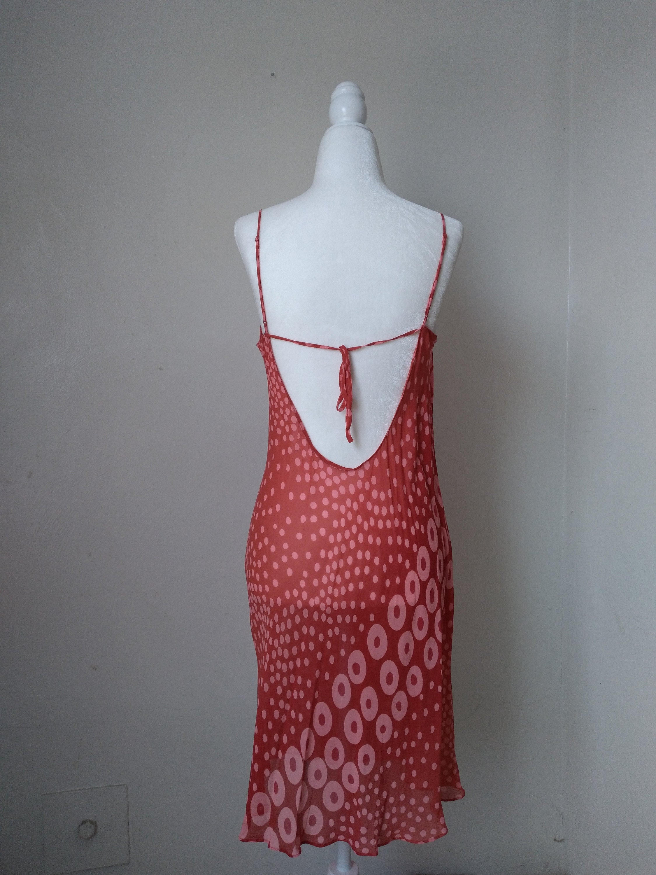 Y2k Vintage Victoria's Secret Coral Polka Dotted Cowl Neck Silk Slip Dress